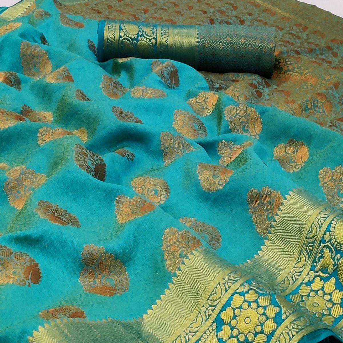 Peachmode Firozi Festive Wear Woven Soft Silk Saree - view 2