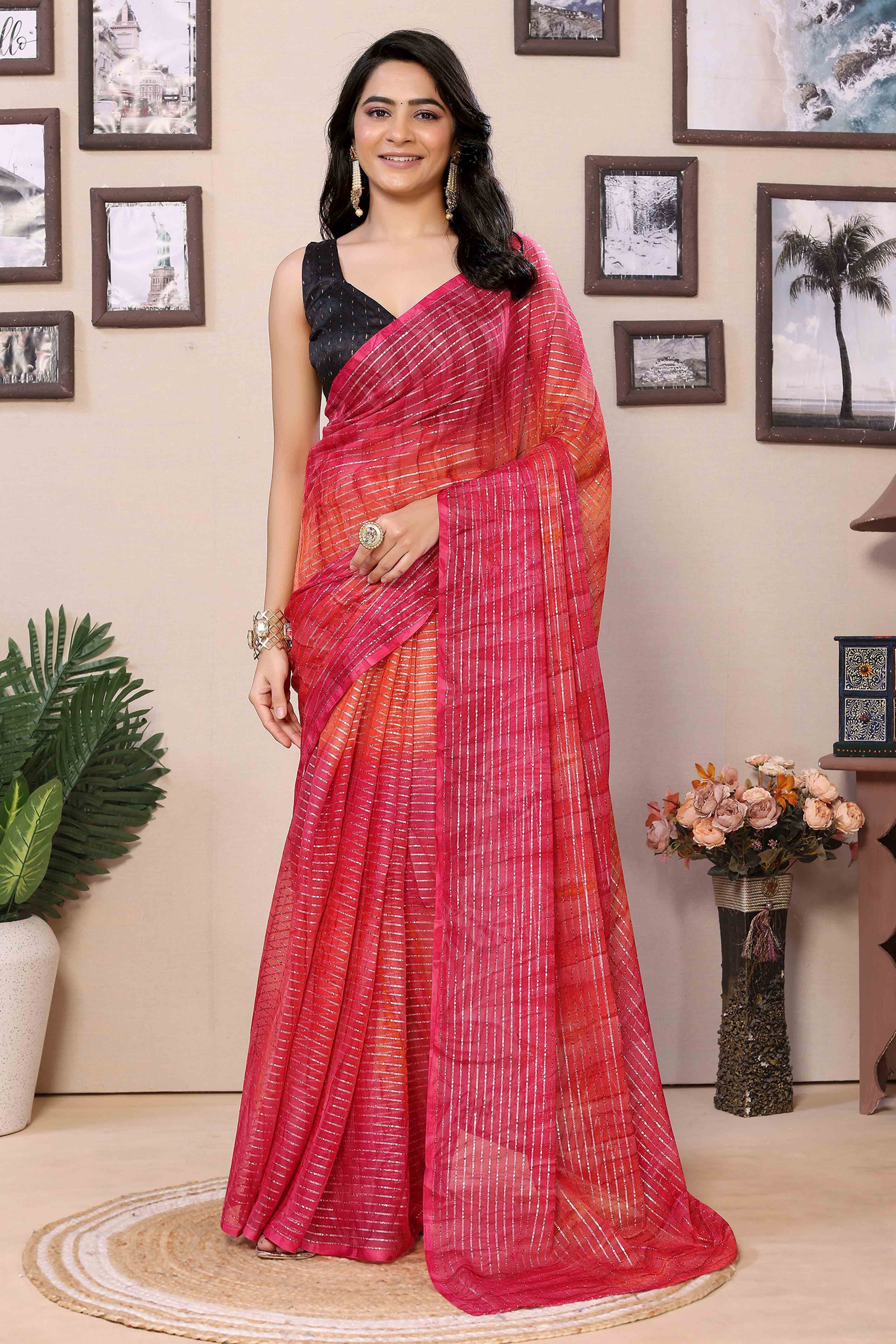 Peachmode Seller Magenta & Orange Striped Zari With Digital Printed Georgette Ready To Wear Saree