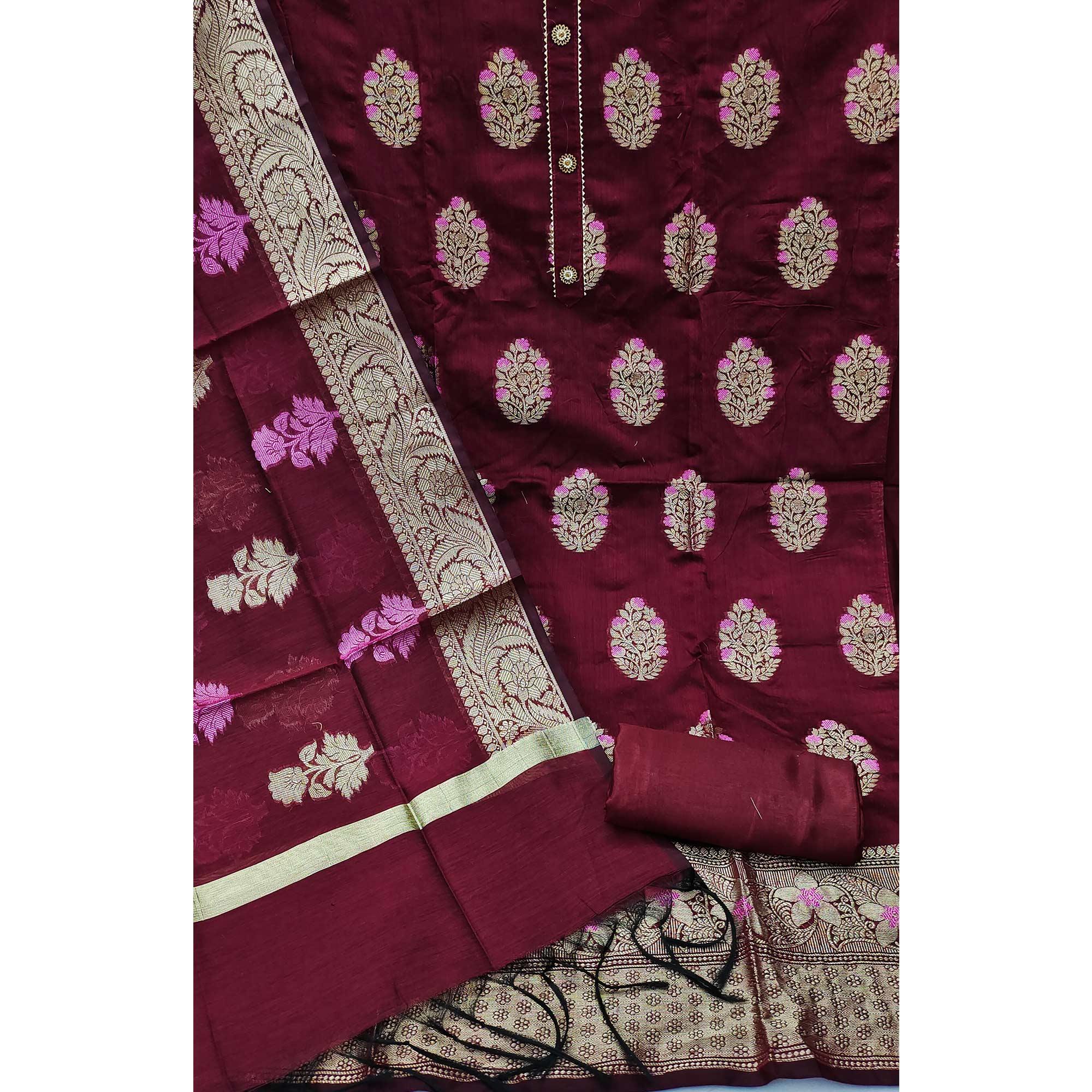 Peachmode Maroon Woven Jacquard Dress Material - view 3