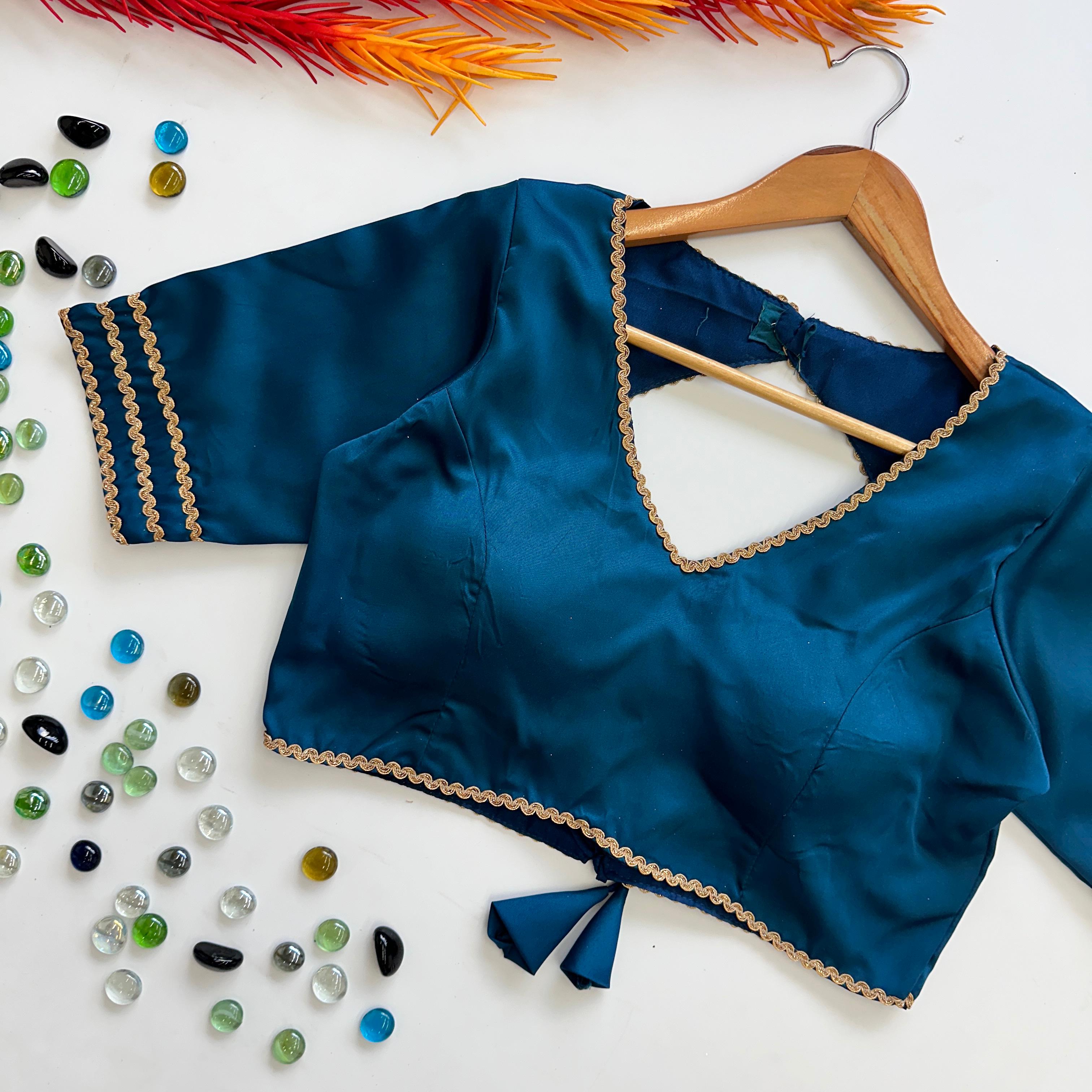 ClothsVilla Teal Blue Manali Silk Blouse with Beautiful Sequin Lace Work