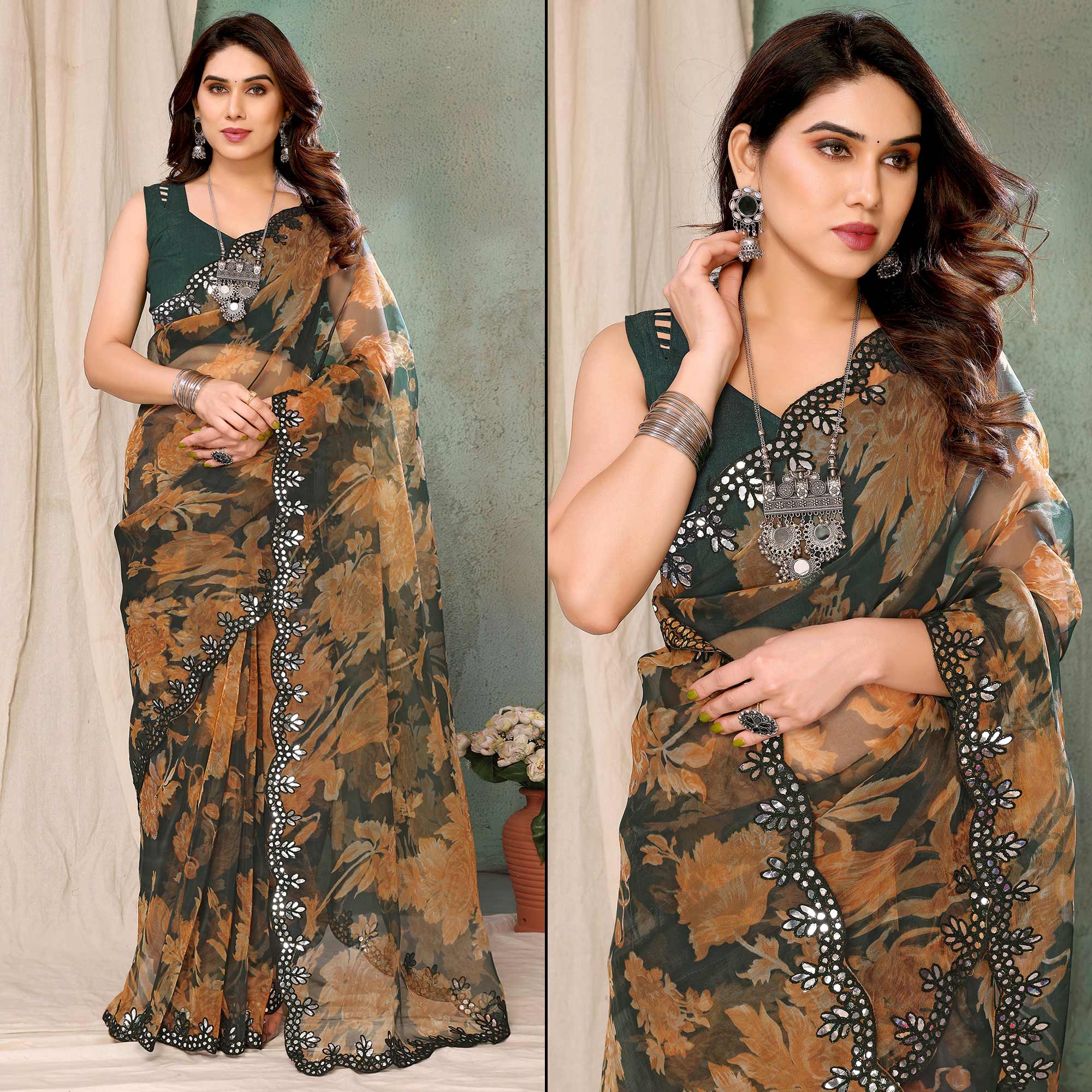Peachmode Dark Green Printed Georgette Saree With Mirror Work Border