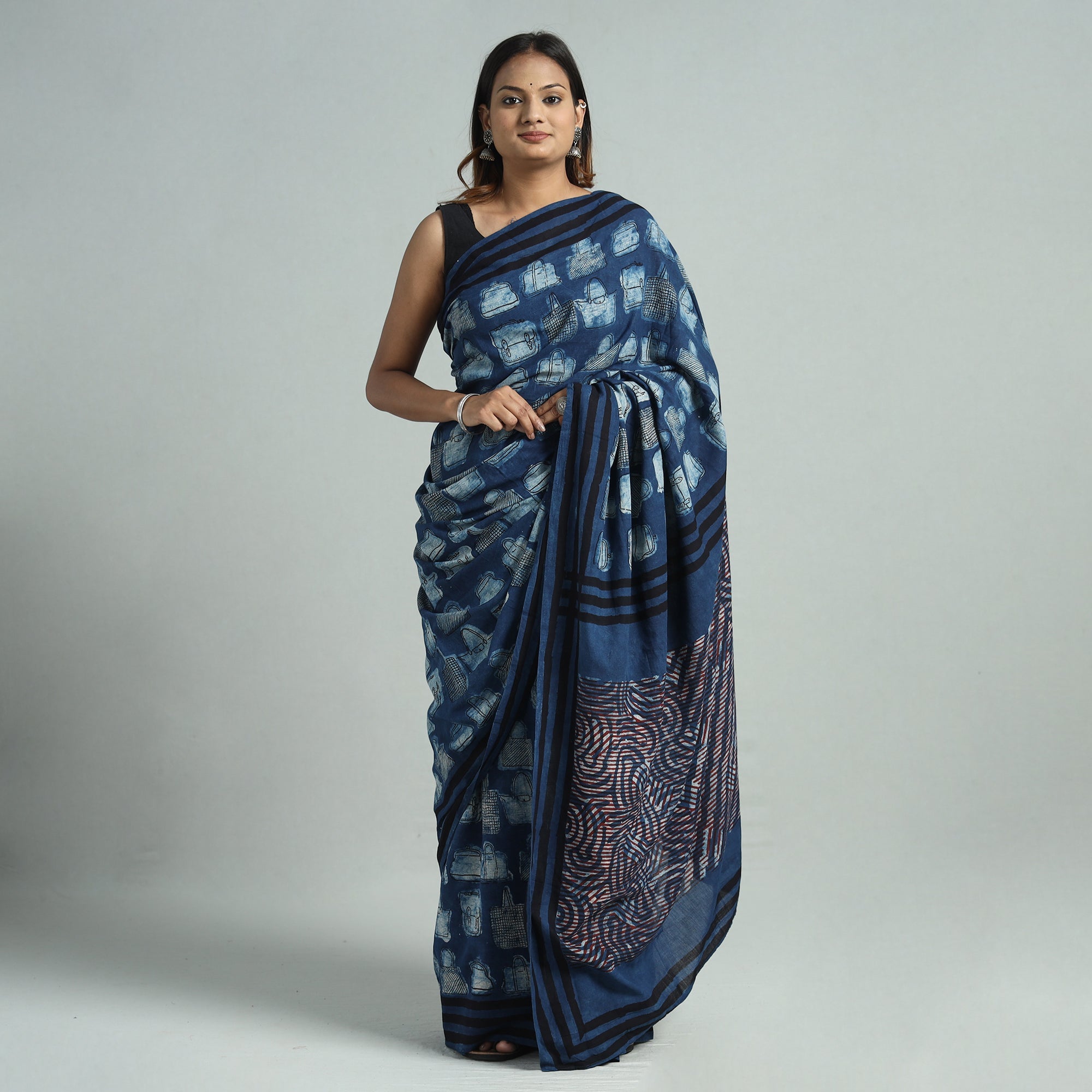 BINDAAS UNLIMITED Blue - Bindaas Art Block Printed Natural Dyed Cotton Saree 11