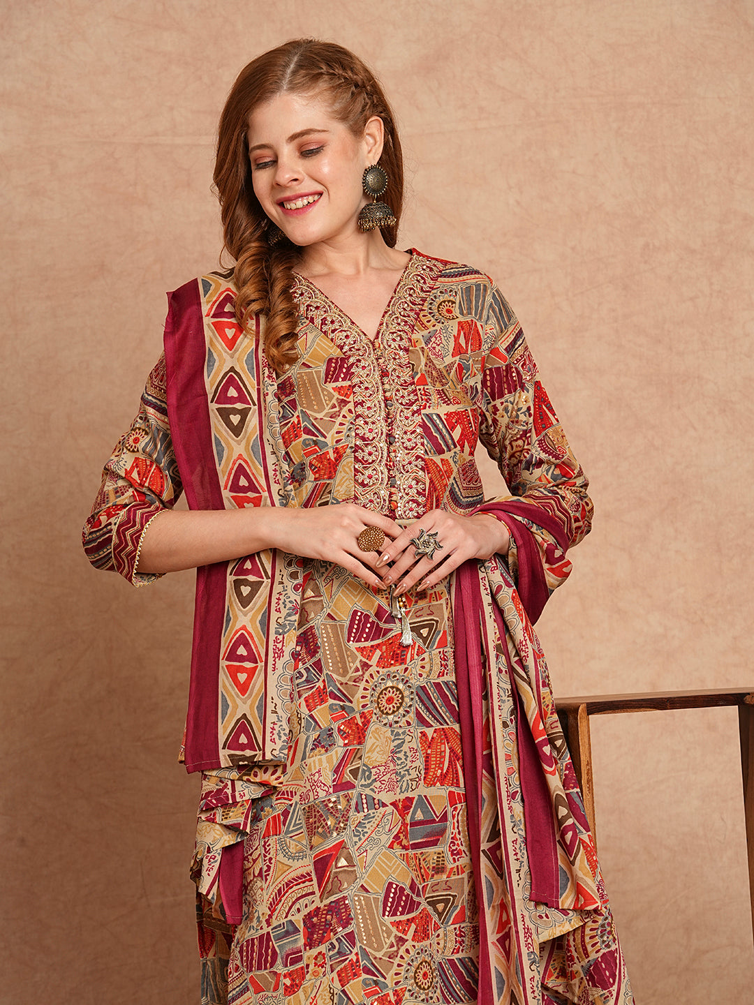 FASHOR Ethnic Foil Printed & Embroidered Straight Kurta with Pant & Dupatta - Maroon - view 3