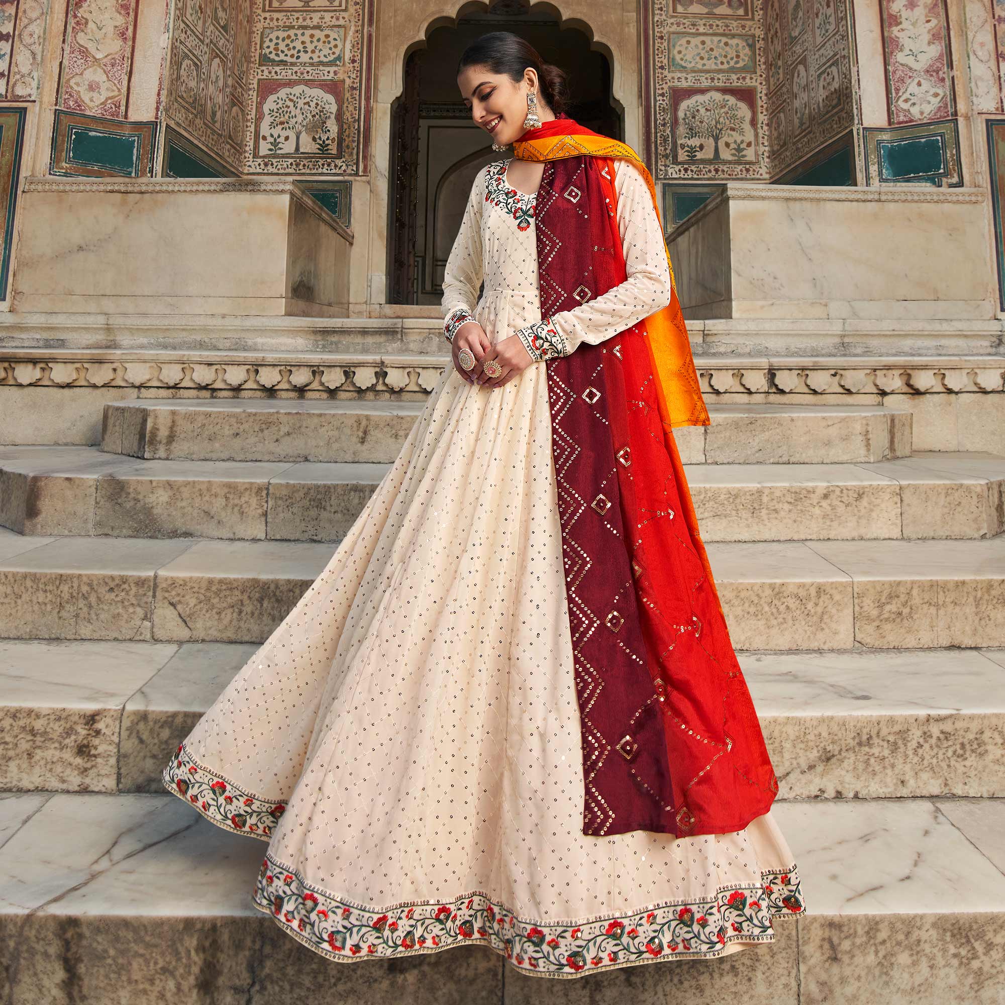 Peachmode Seller Cream Sequins Embroidered Georgette Gown With Dupatta - view 4