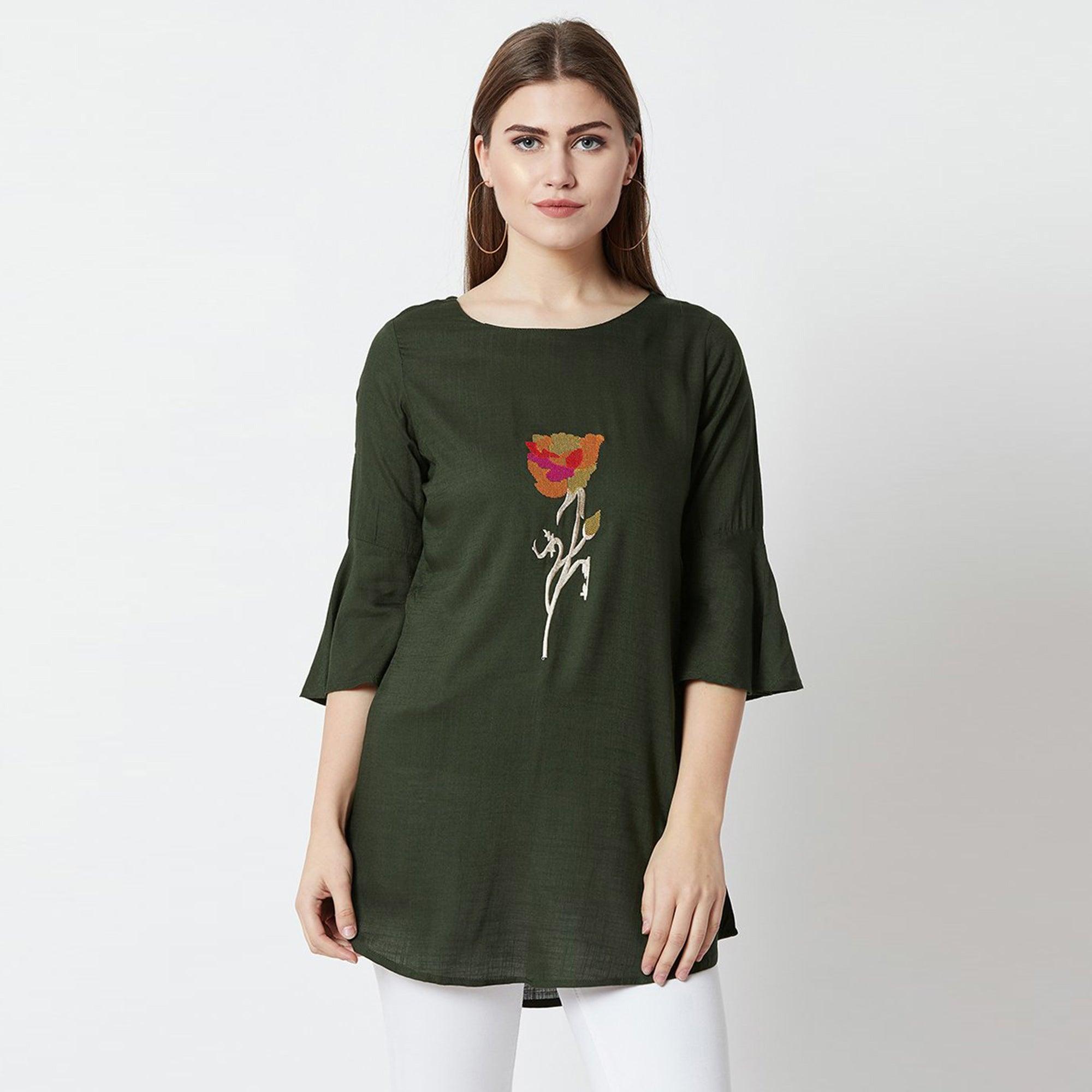Peachmode Seller Dark Olive Green Casual Wear Hand Embroidered Designer Cotton Slub Top