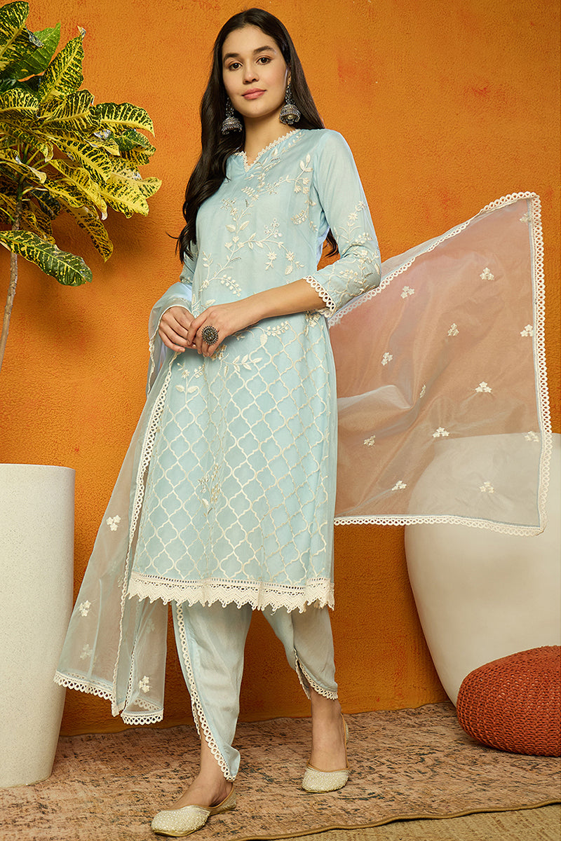 Ahika Blue Organza Solid Embroidered A-Line Dhoti Style Suit Set PKSKD2440 - view 3