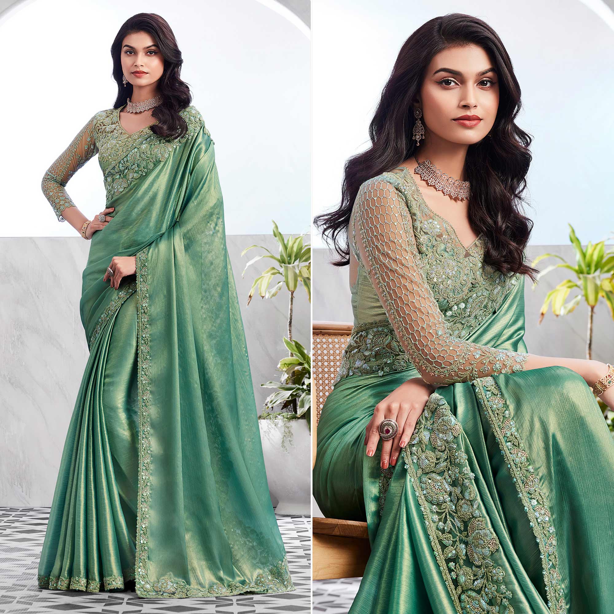 Peachmode Dusty Green Floral Sequins Embroidered Chiffon Saree