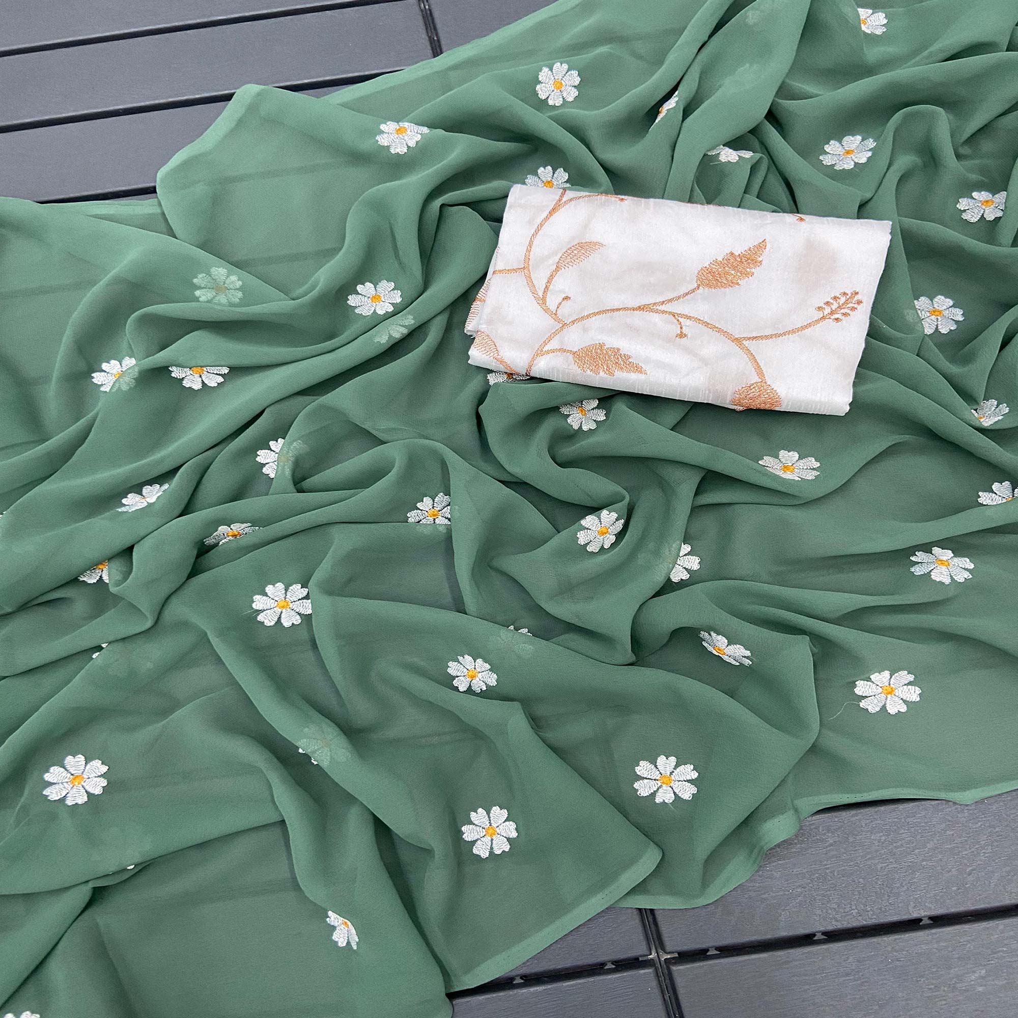 Peachmode Dusty Green Floral Embroidered Georgette Saree
