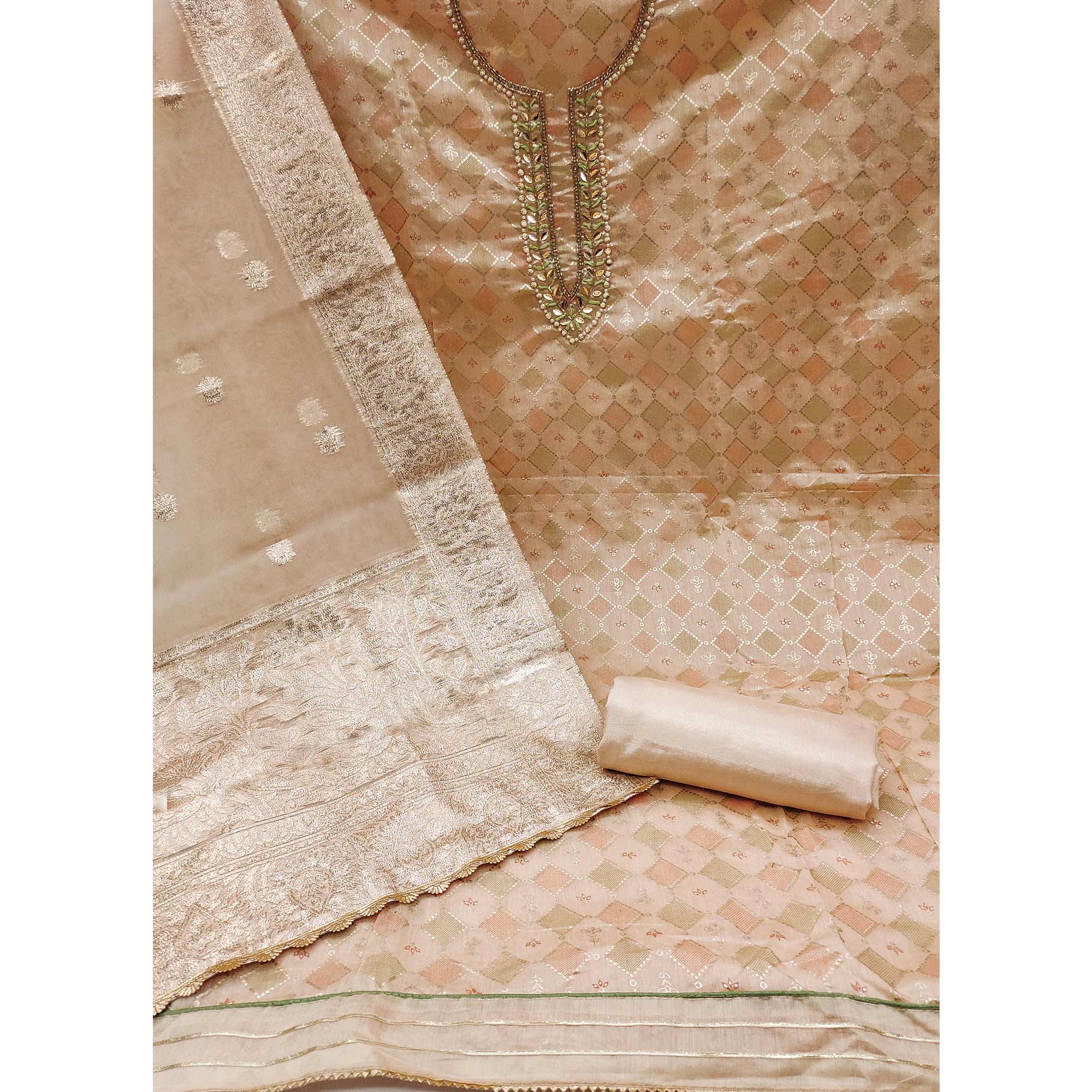 Peachmode Chikoo Printed With Handwork Modal Dress Material - view 3