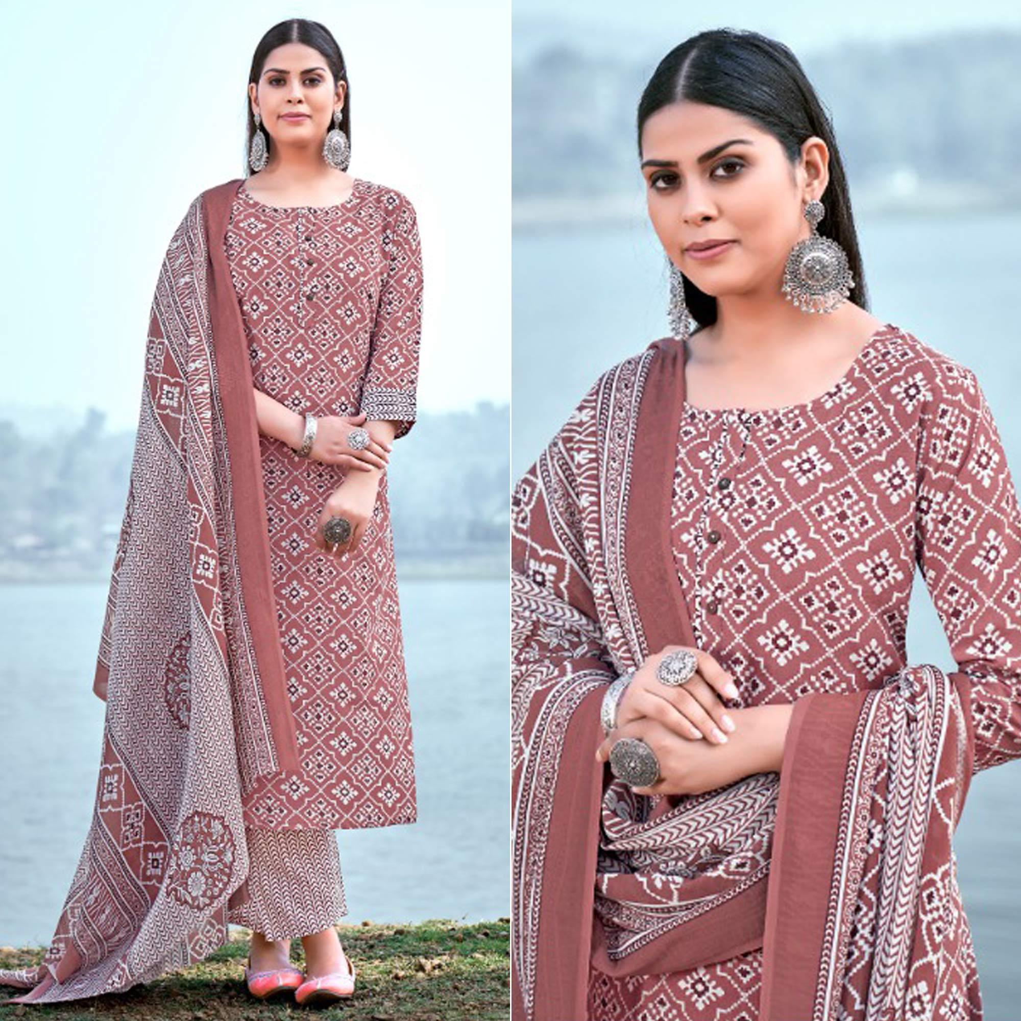 Peachmode Brown Floral Printed Pure Cotton Kurti Pant Set With Dupatta