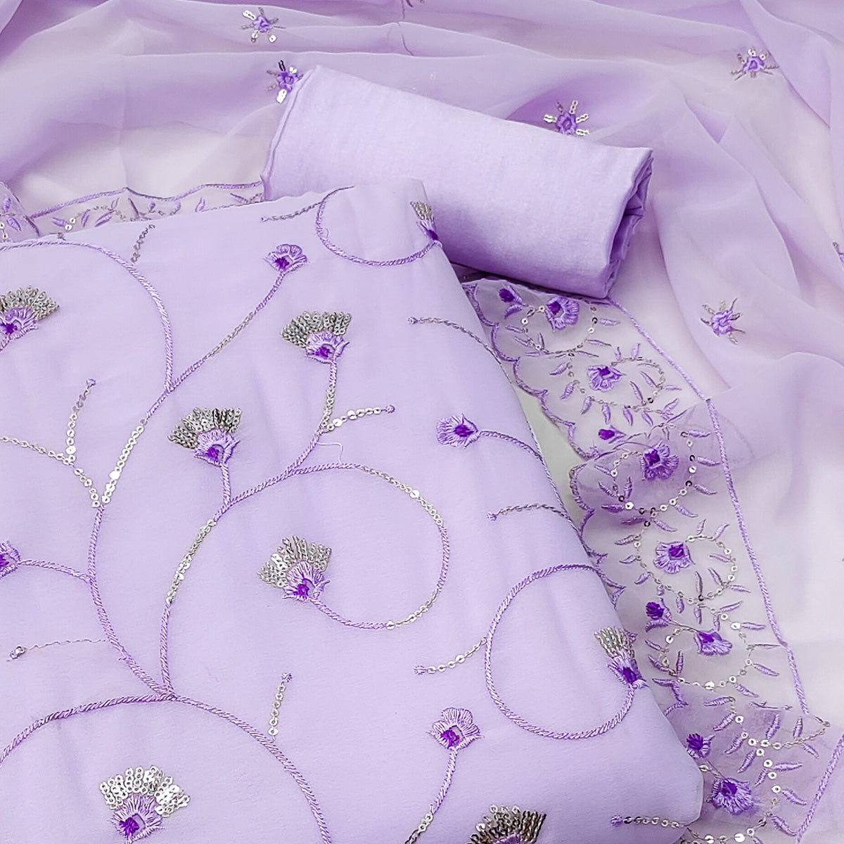 Peachmode Lavender Floral Sequins Embroidered Georgette Dress Material - view 2