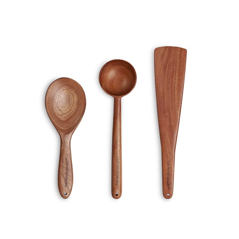 The Indus Valley 100% Natural Neem Wood Cooking & Serving Spoons/Spatula/Ladles, Set of 3, Toxin-free, Anti-microbial