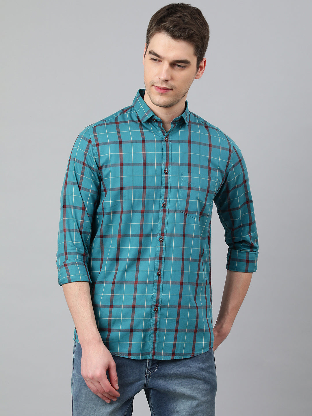 BlackTree Men Teal Standard Fit Checkered Casual Shirt