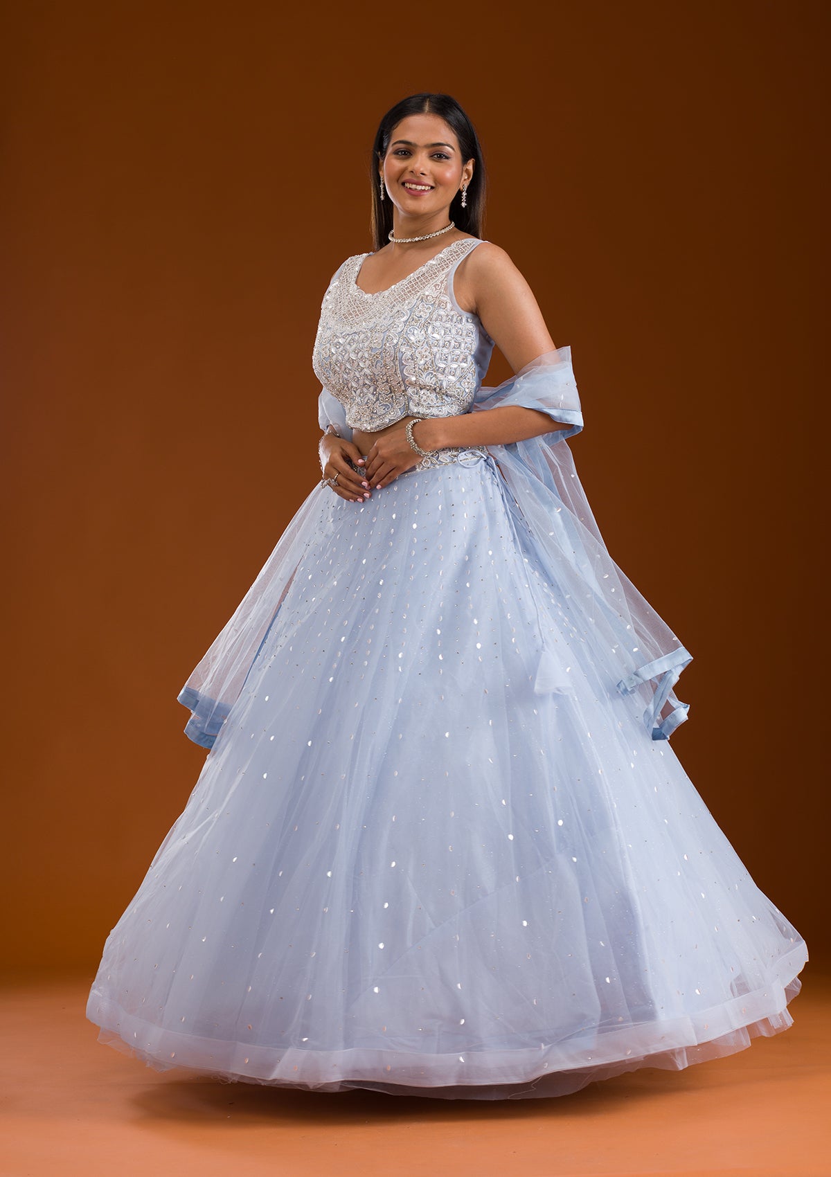 Koskii Sky Blue Cutdana Net Readymade Lehenga