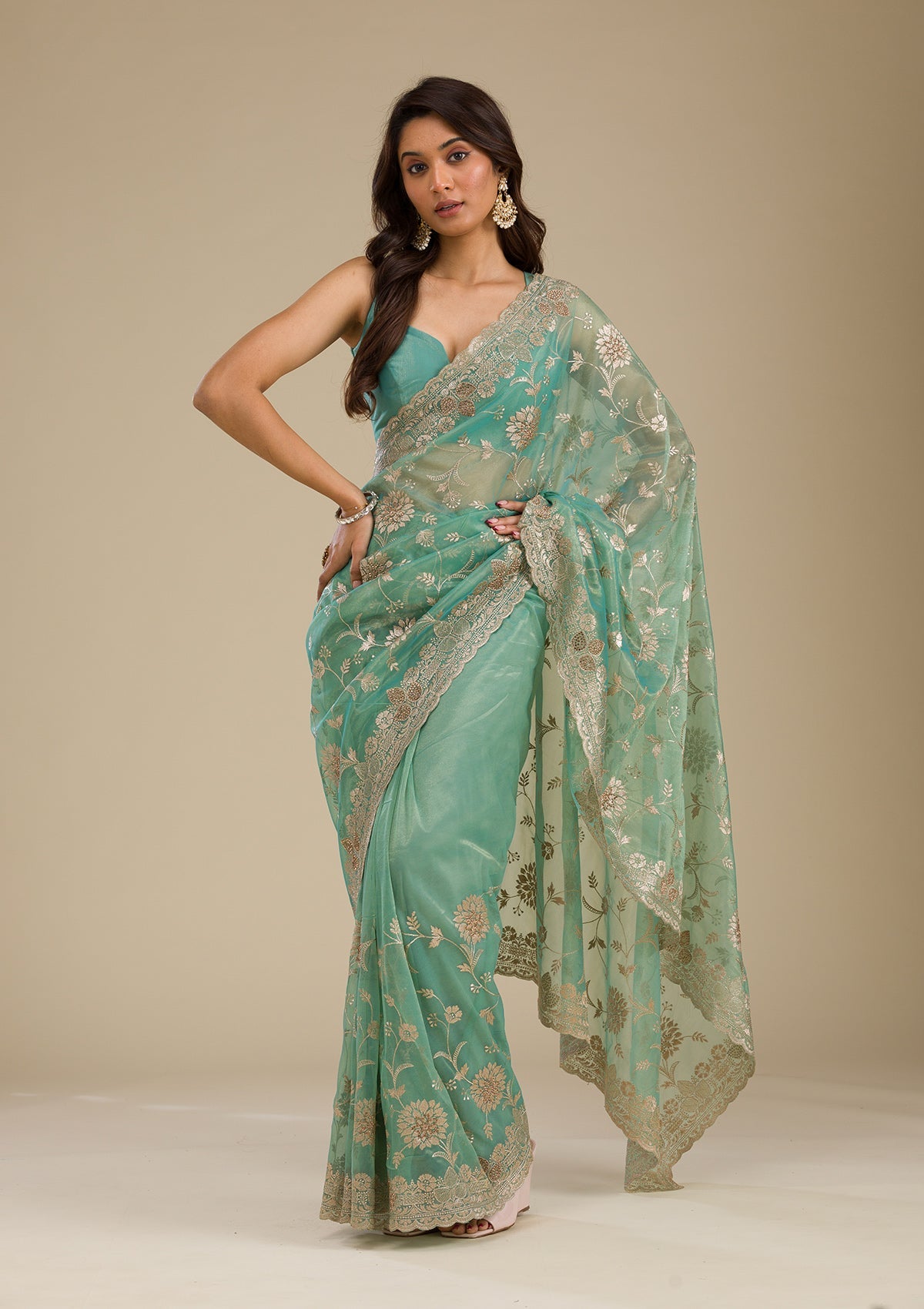 Koskii Sea Green Zariwork Tissue Saree – Women's