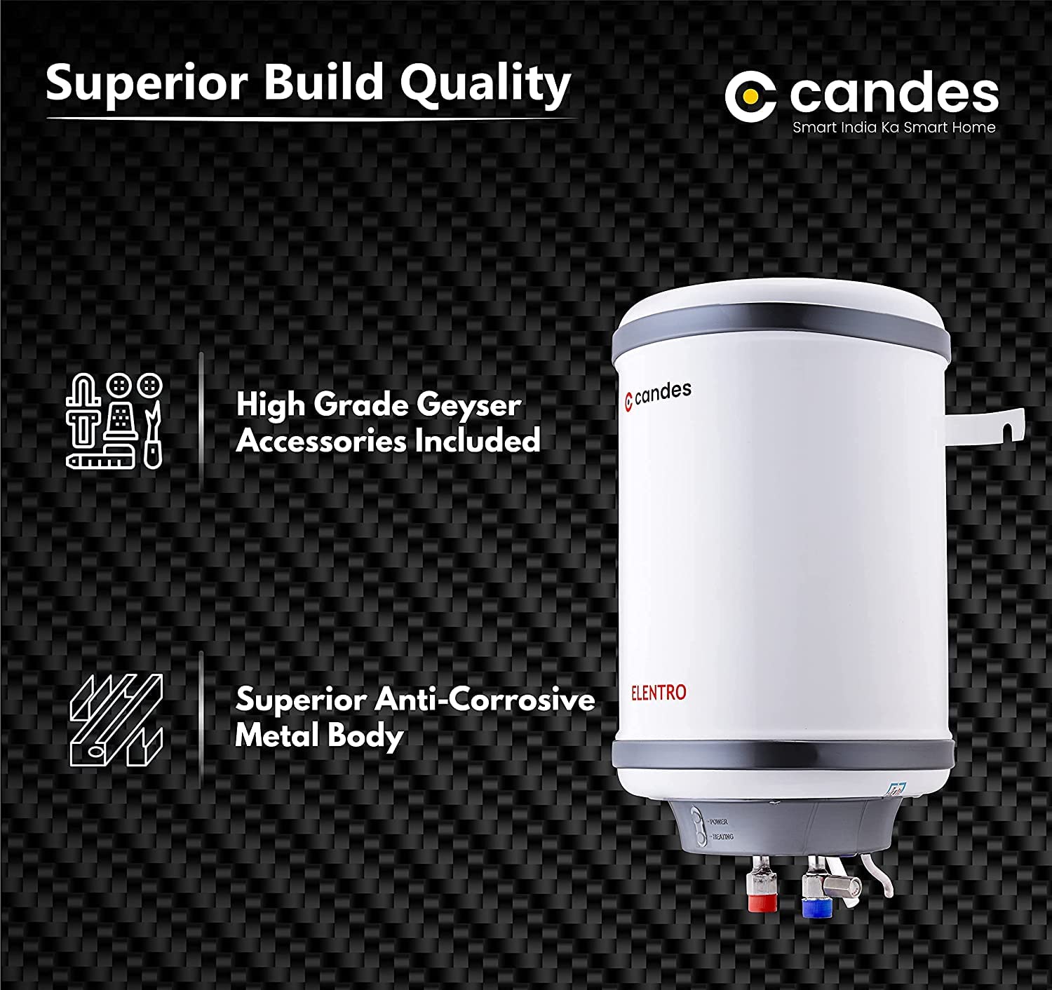 Candes 25 Litre Elentro 5 Star Rated Automatic Instant Storage Electric Water Heater with Special Metal Body Anti Rust Coating With Installation Kit, - view 3