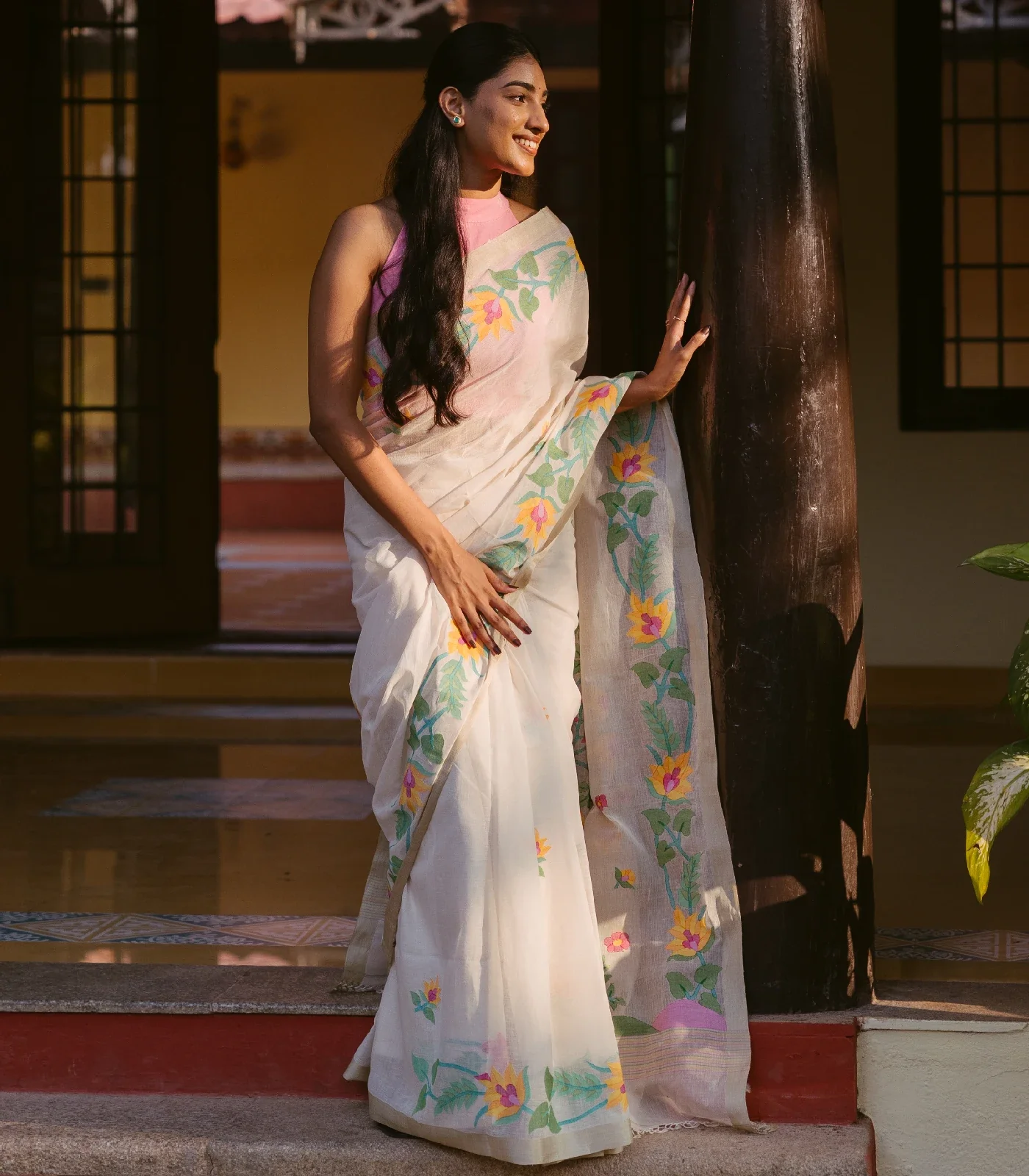 RmKV Off White Handloom Bengal Cotton Saree With Floral Meenakari Motifs in Border and Tree of Life Woven in the Jamdani Technique