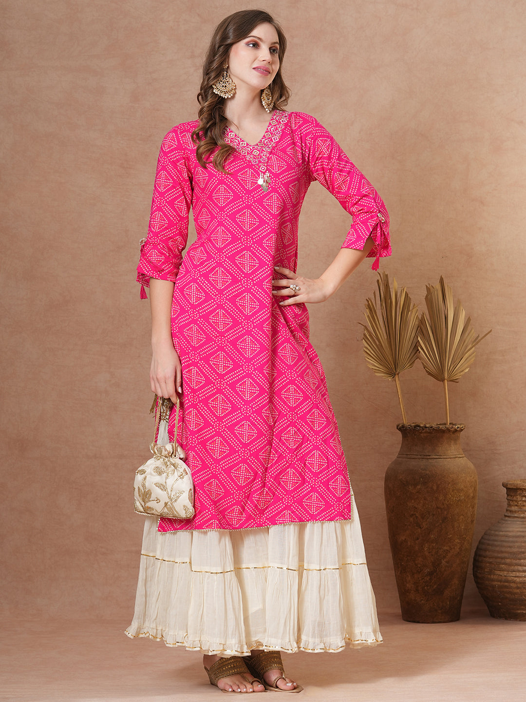 FASHOR Ethnic Bandhani Printed & Embroidered Straight Fit Kurta - Pink