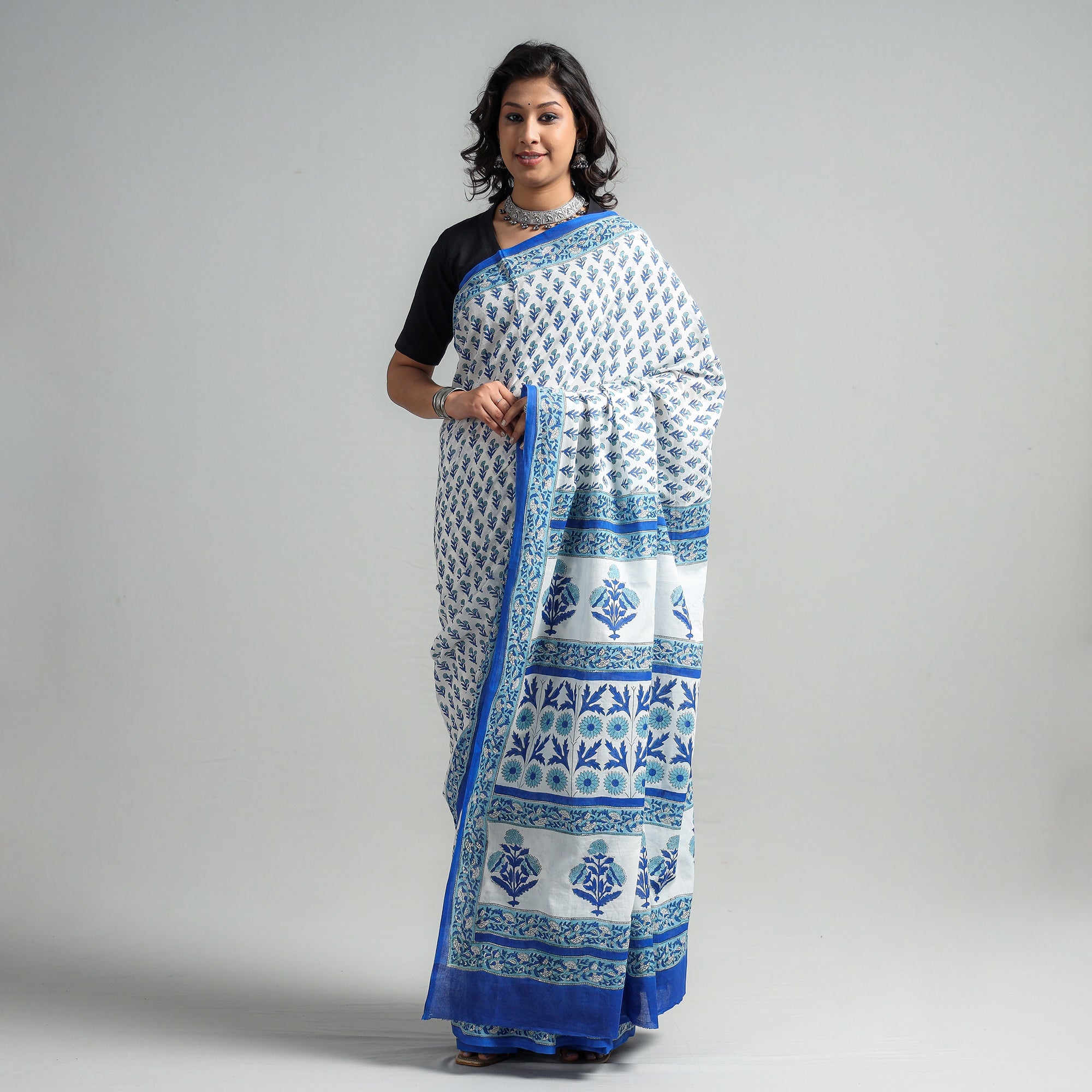 SANTOSH KUMAR DHANOPIA Blue - Block Printed Mul Cotton Sanganeri Saree