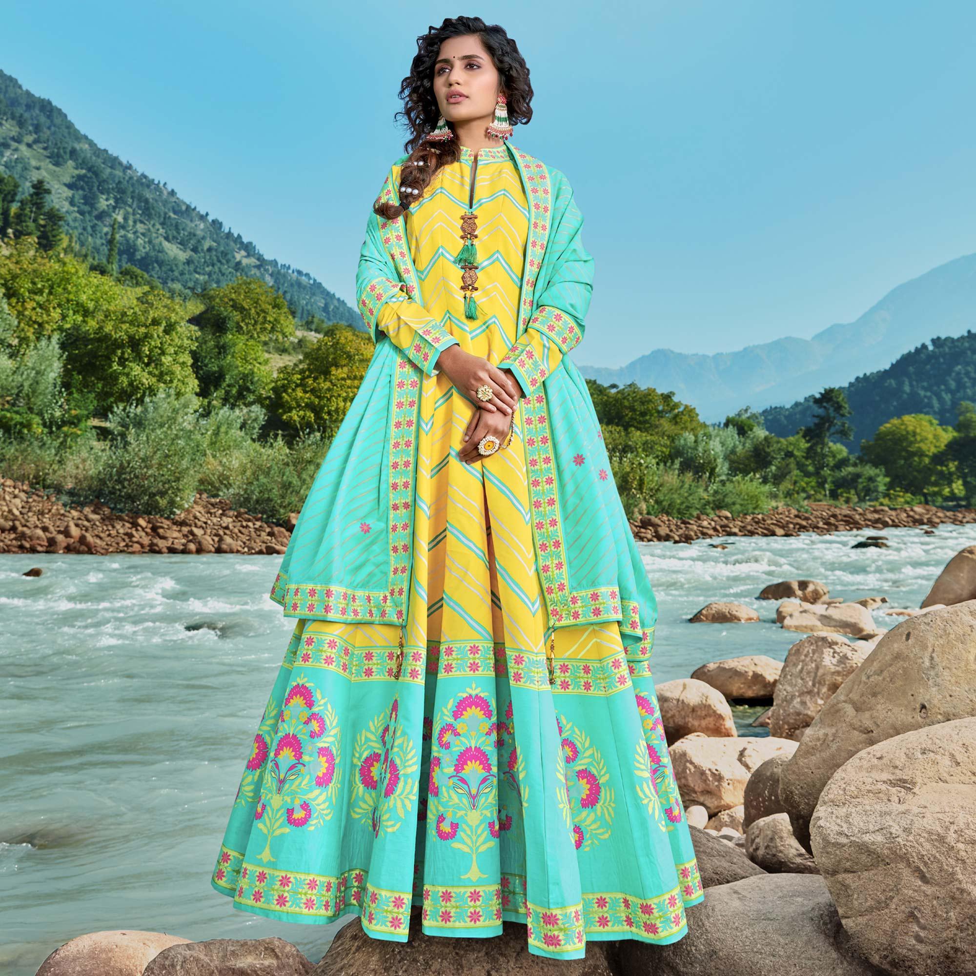 Peachmode Seller Lemon Yellow Partywear Patola Digital Printed Killer Silk Anarkali Suit