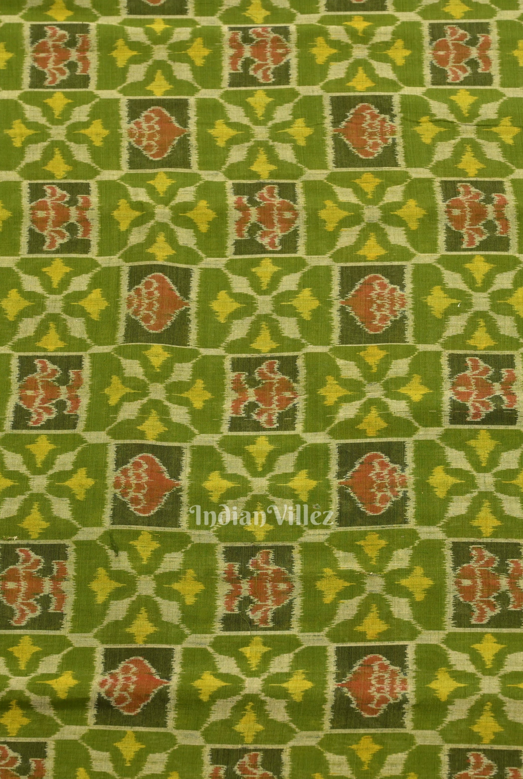 IndianVillèz Mehendi Green Sankha Flowers Motif Sambalpuri Ikat Cotton Fabric - view 3