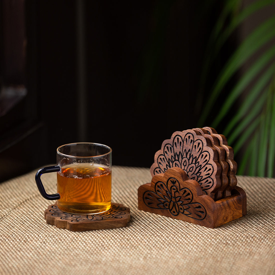 EXCLUSIVELANE 'The Dancing Peacock' Hand Carved Coasters With Holder in Sheesham Wood (Set of 4)