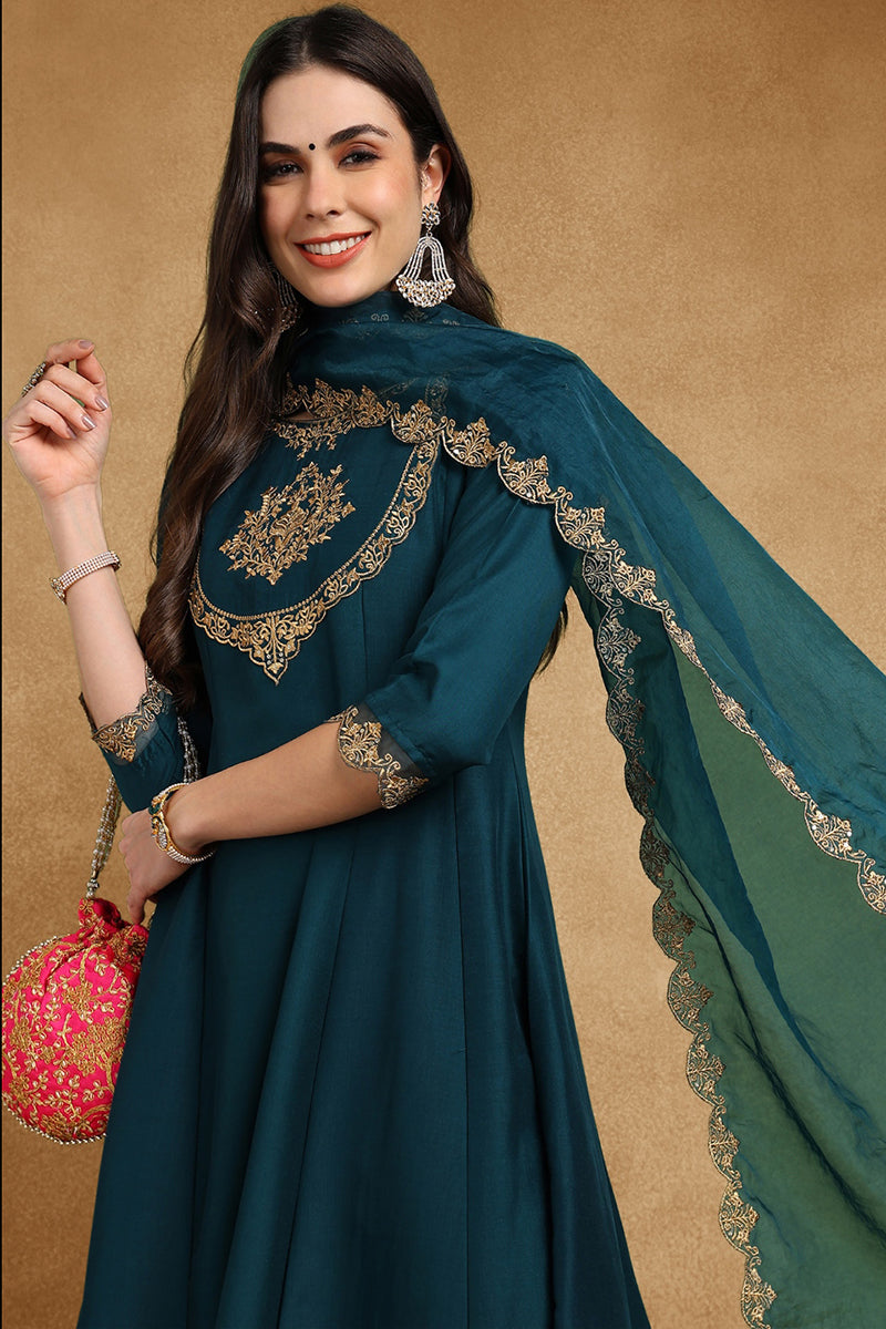 Ahika Teal Blue Silk Blend Solid Embroidered Anarkali Suit Set PKSKD2735 - view 2