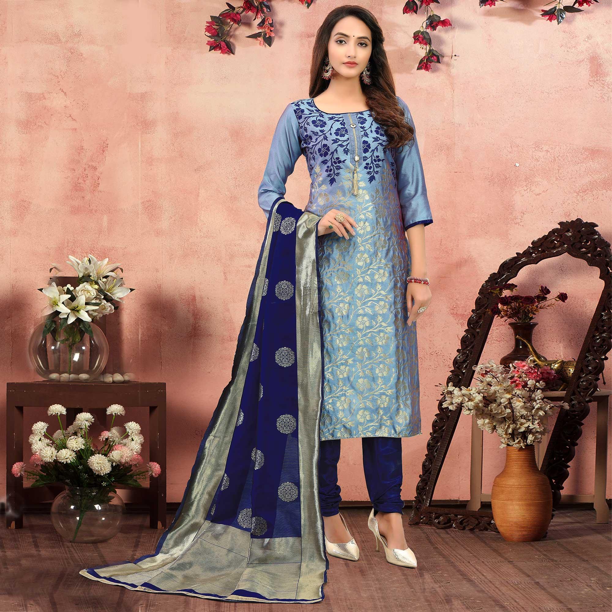 Peachmode Flamboyant Blue Colored Festive Wear Woven Heavy Banarasi Silk Dress Material - view 4