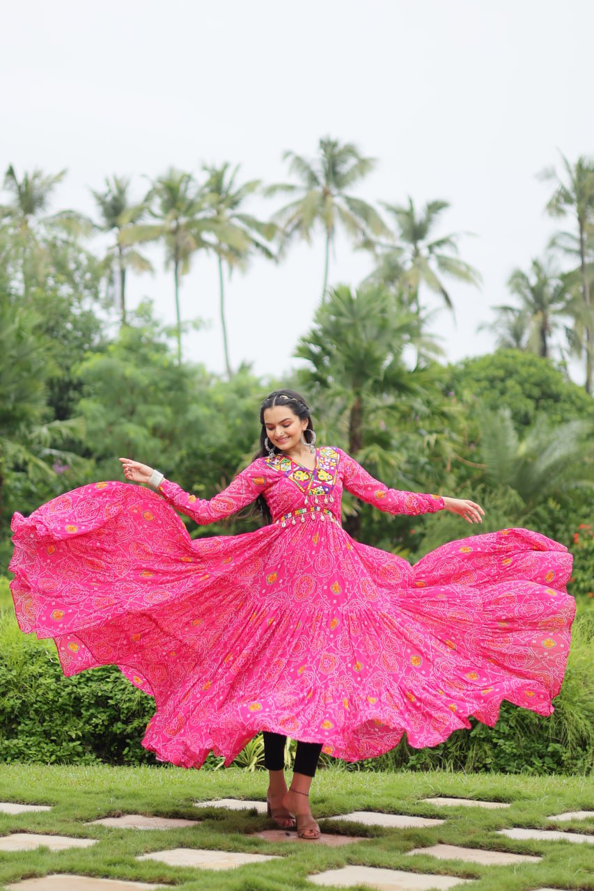 ClothsVilla Magenta Elegant Bandhani Print Gown with Kutchi Patchwork in Faux Georgette - view 4