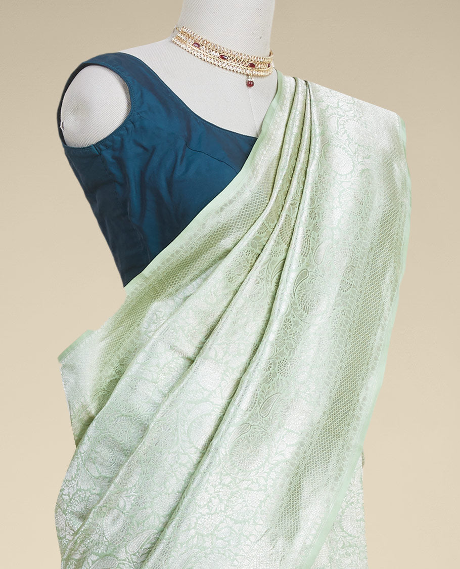 Pothys Green floral jacquard kathan silk saree with self-intricate zari border