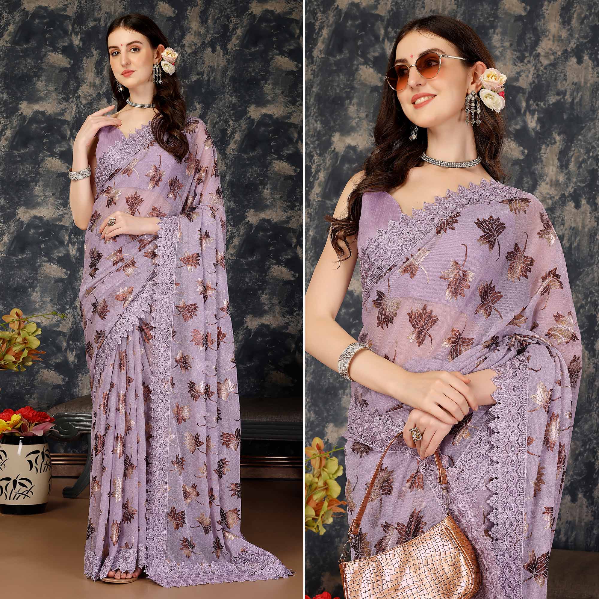 Peachmode Light Purple Foil Printed Lycra Saree With Embroidered Lace Border