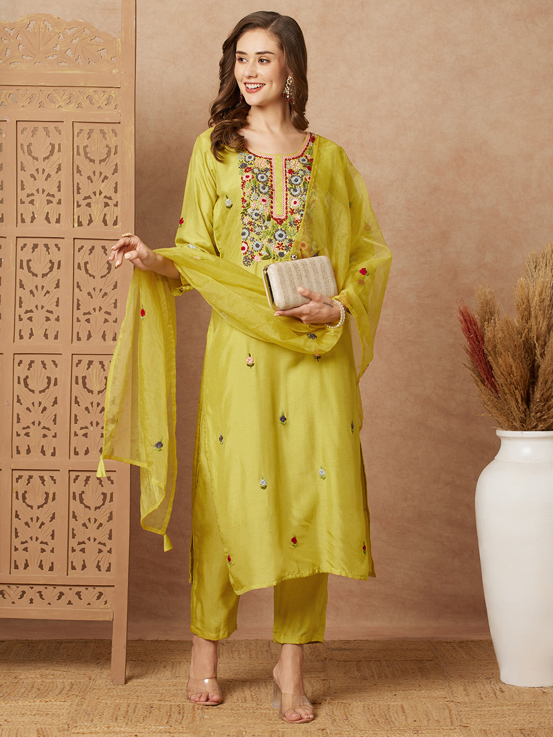 Fashor Floral Hand Embroidered Straight Fit Kurta with Pant & Dupatta - Lime Green