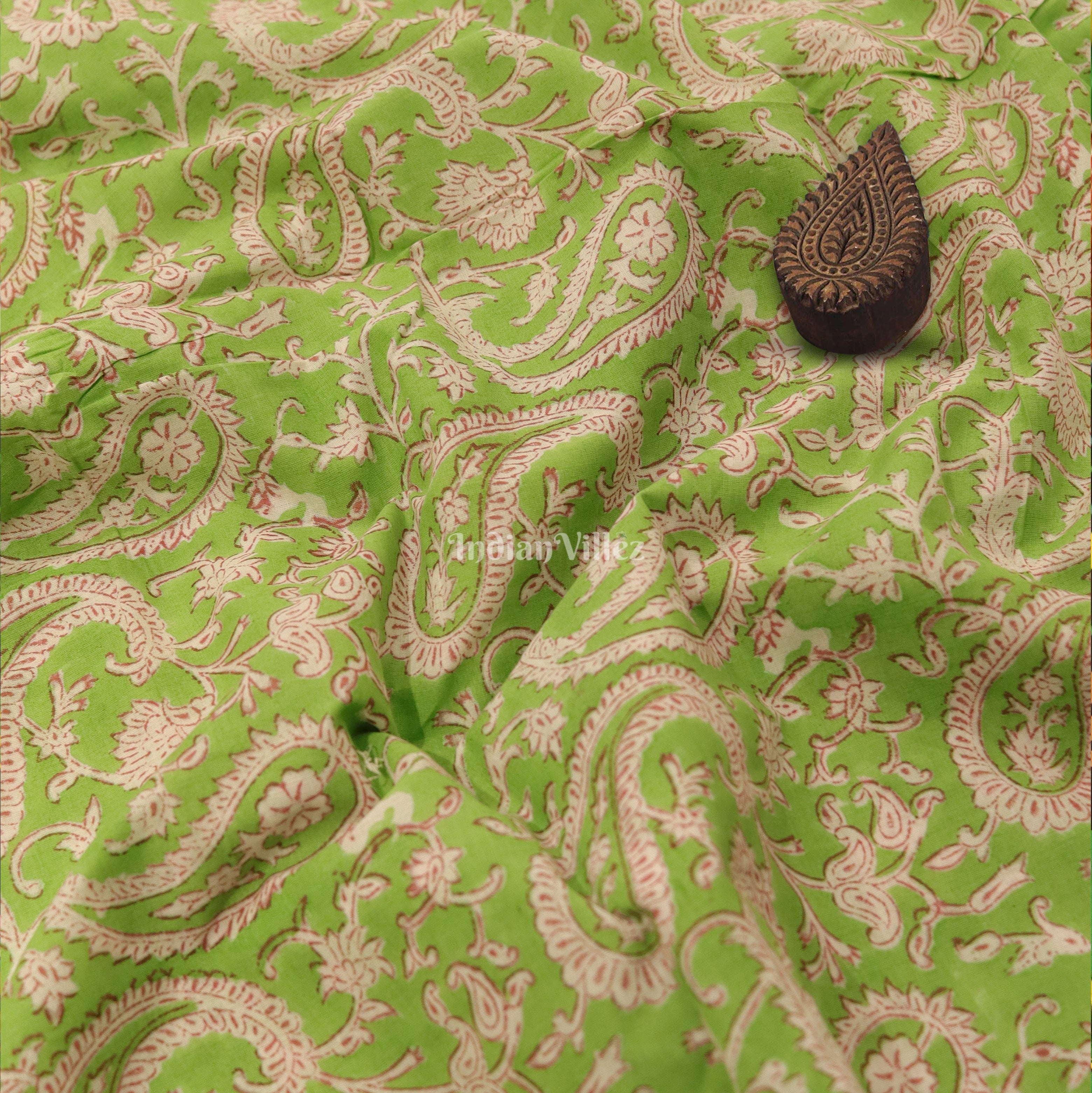 IndianVillèz Green Floral Hand Block Printed Cotton Fabric