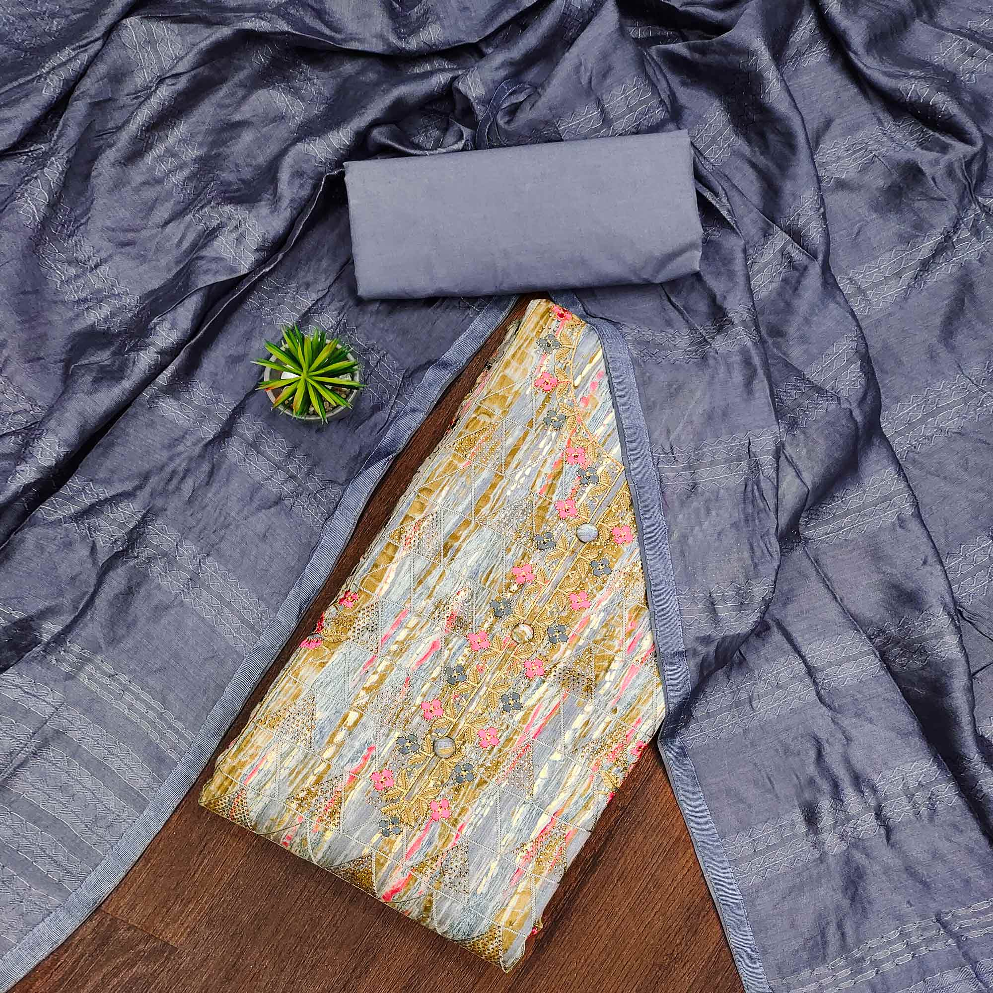 Peachmode Grey Printed With Embroidered Pure Cotton Dress Material