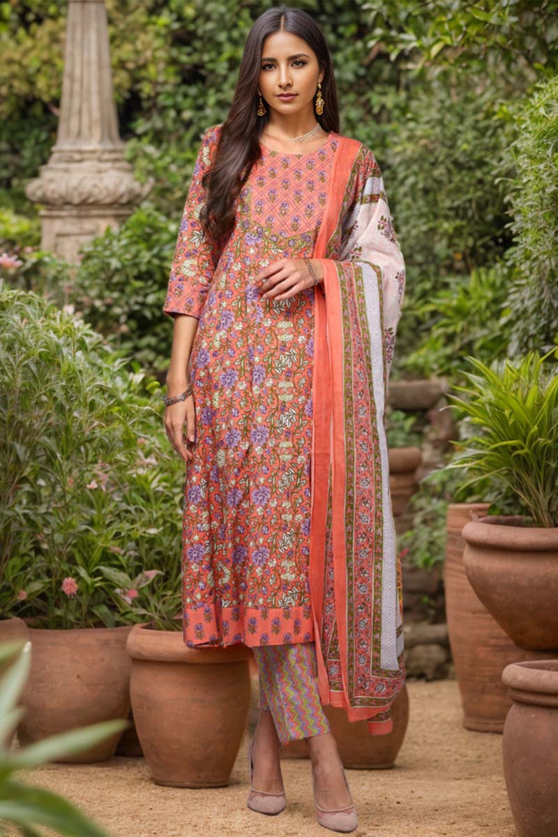 Ahika Peach Pure Cotton Printed Flared Suit Set VKSKD1974
