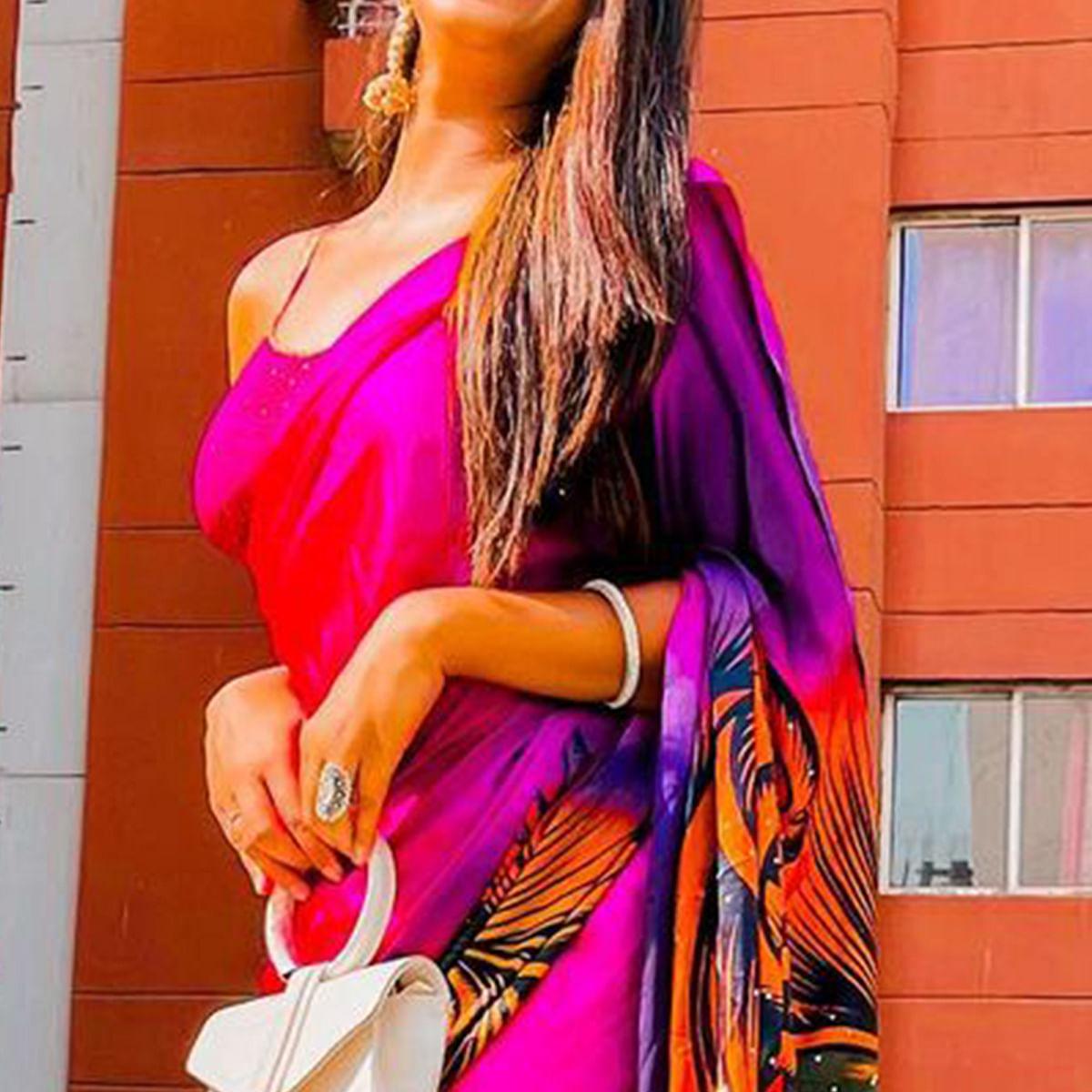 Peachmode Groovy Pink Colored Party Wear Printed Silk Saree - view 2