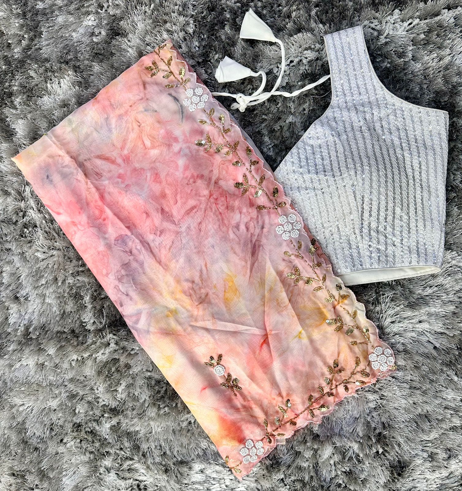 ClothsVilla Peach Color Kesar Organza Saree with Stunning Painted Prints & Handcrafted Embellishments - view 2