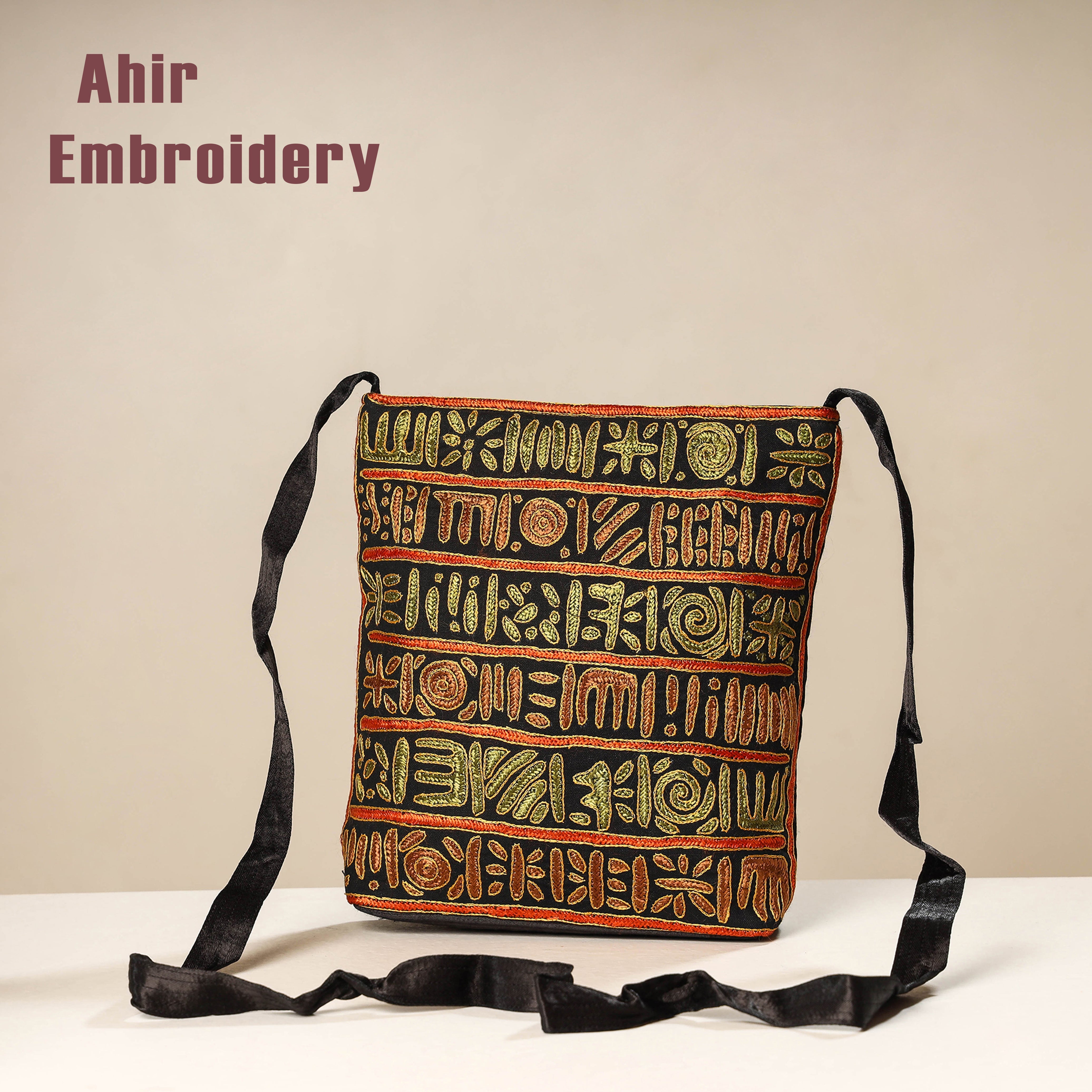 WAMA BY SMITA JAIN Black - Kutch Ahir Embroidery Mashru Cotton Sling Bag