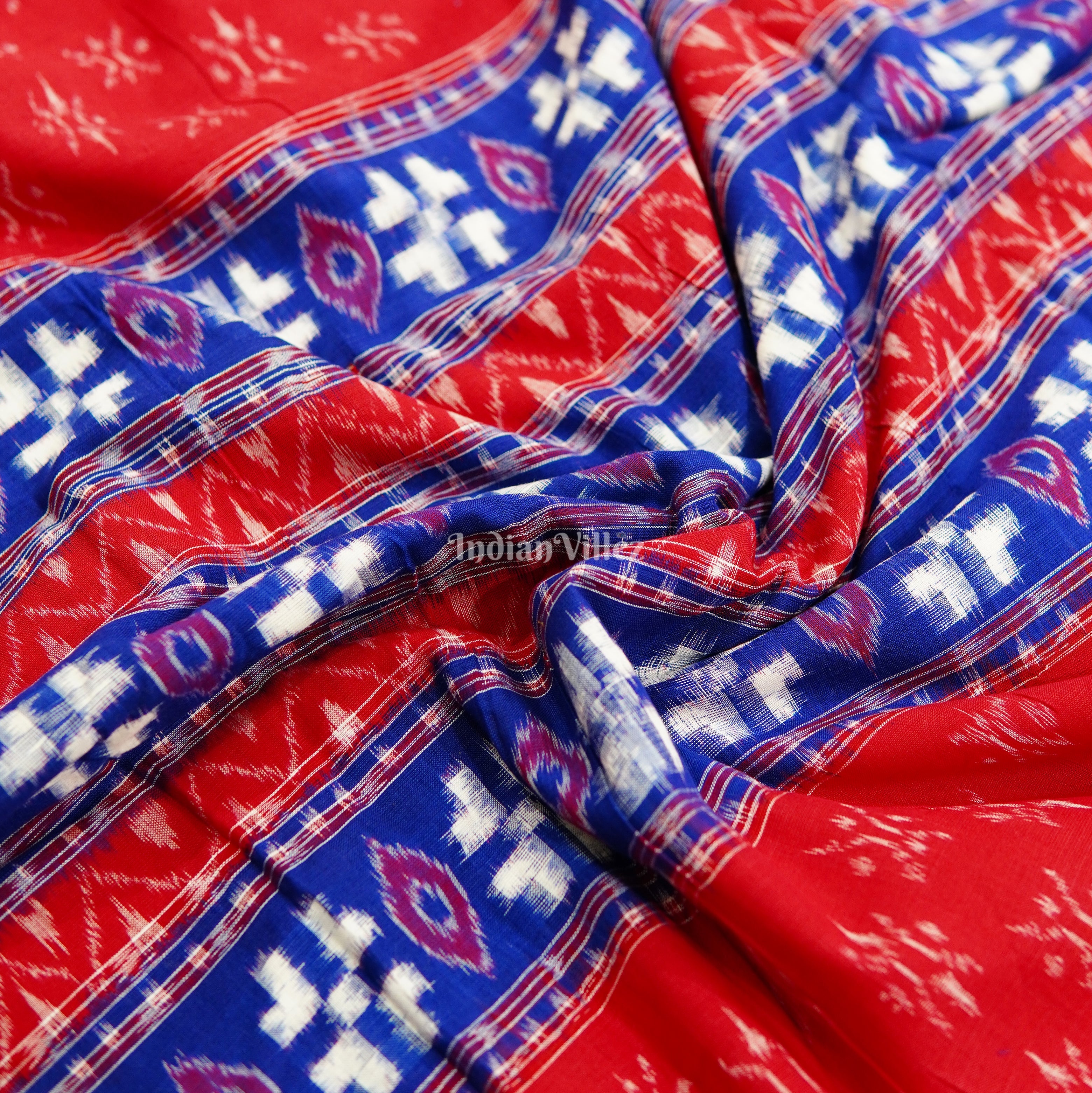 IndianVillèz Red With Blue Pasapalli & Devil Eye Design Sambalpuri Cotton Fabric
