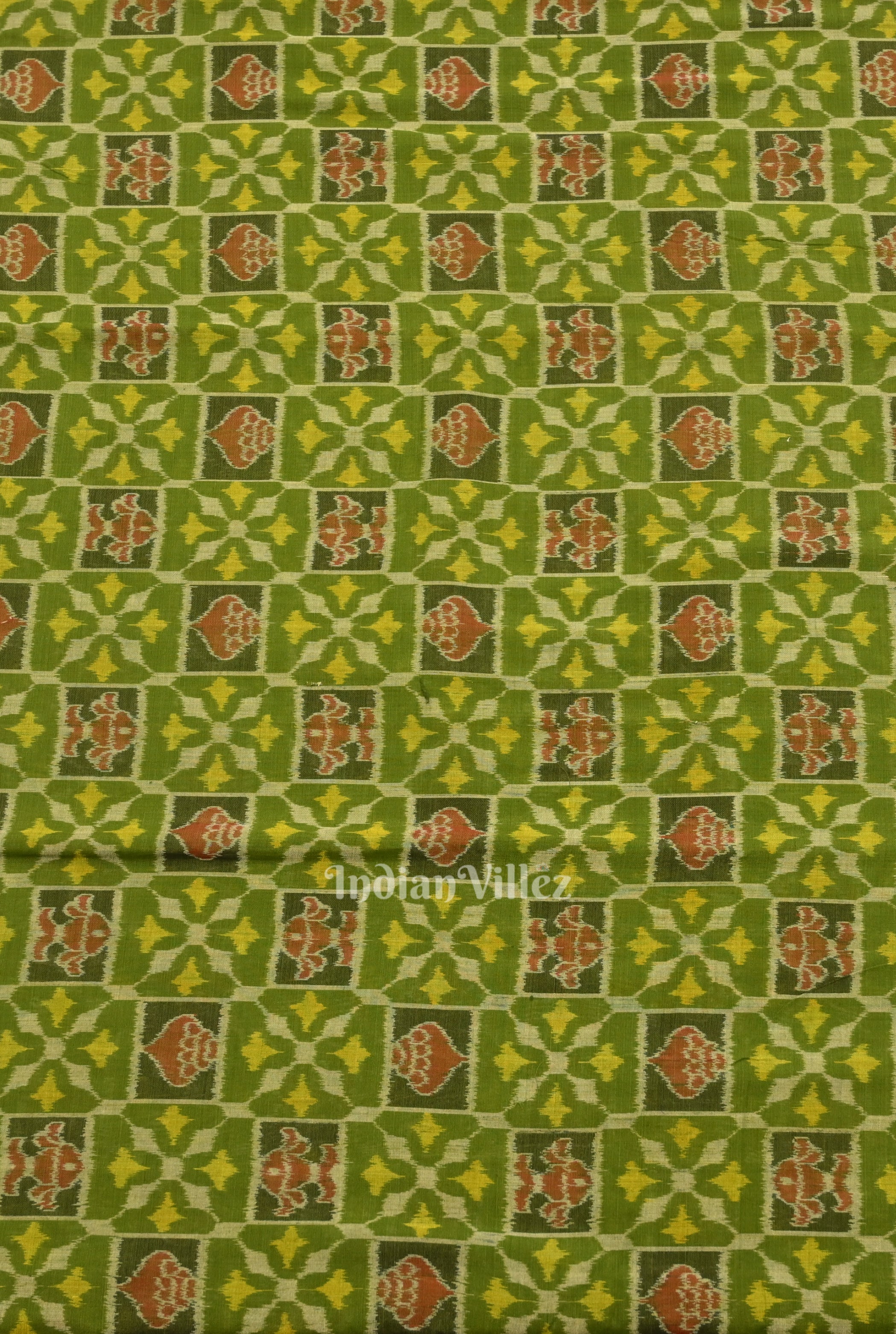 IndianVillèz Mehendi Green Sankha Flowers Motif Sambalpuri Ikat Cotton Fabric - view 2
