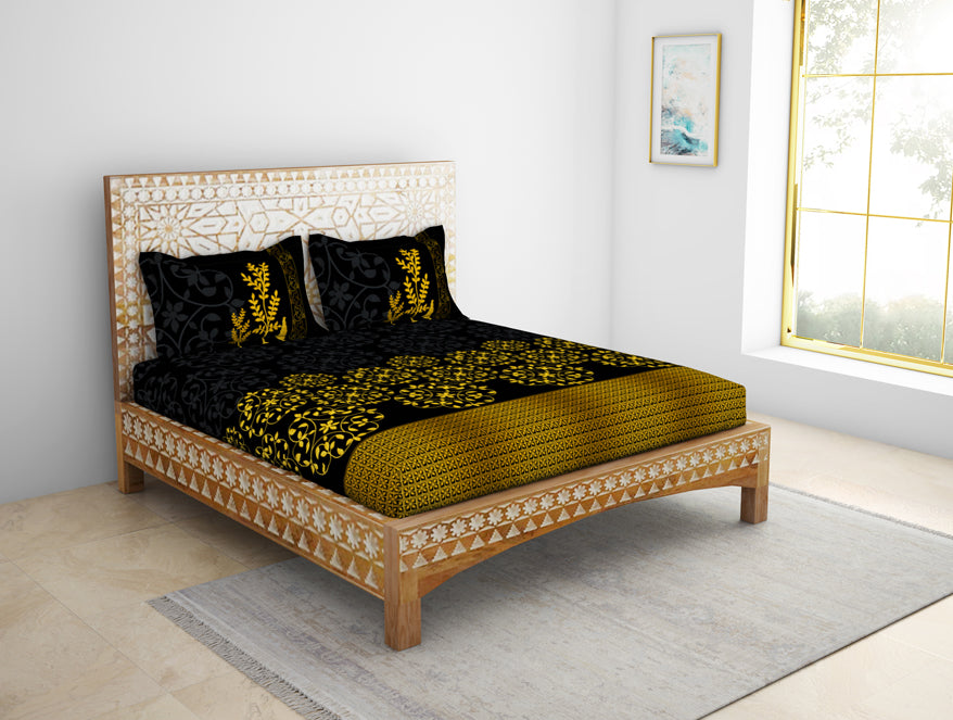 Spaces India Floral Black 100% Cotton King Size Bedsheet - Gold - Rangana By Spaces - view 2