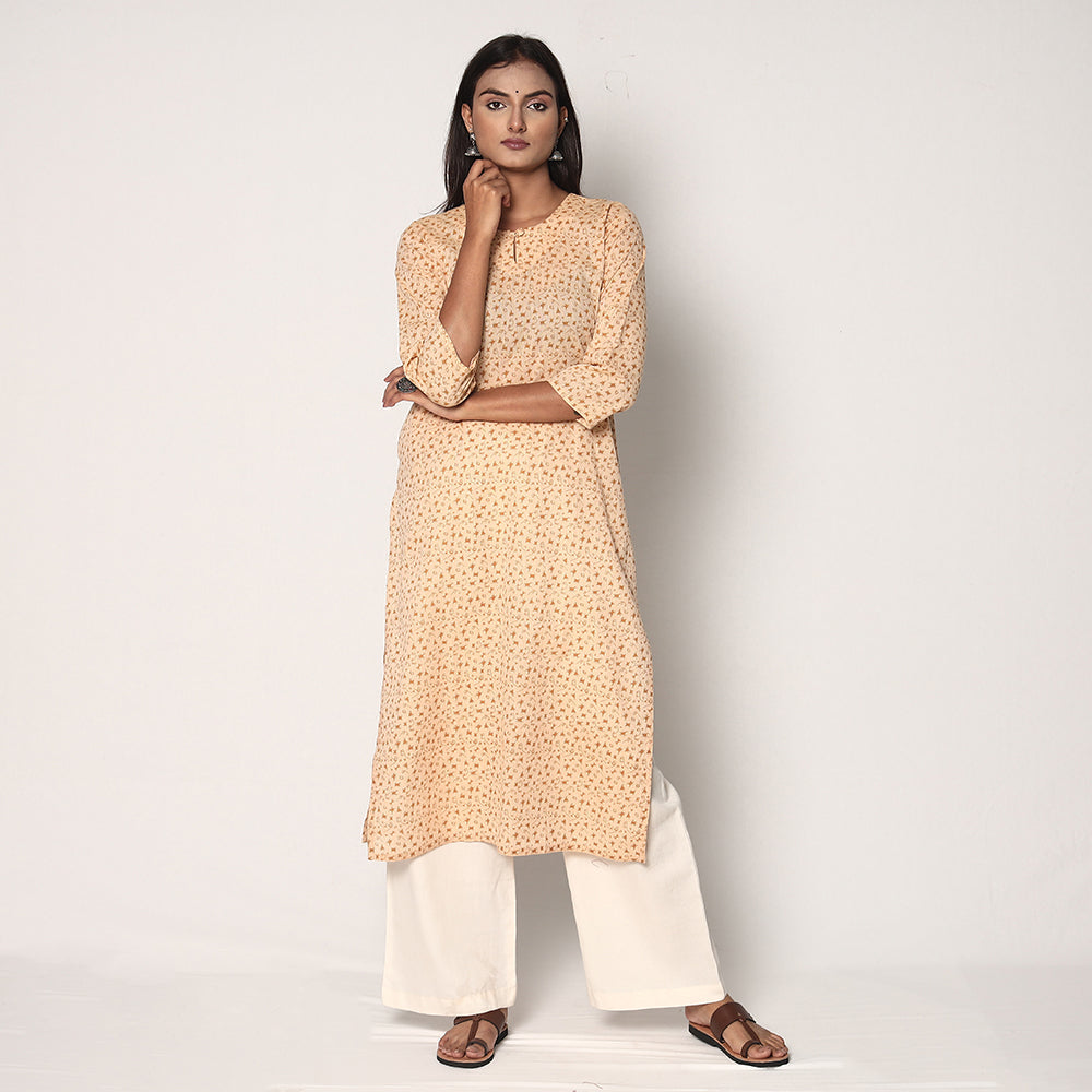 ITOKRI CASUALS Beige - Tribal Motifs Hand Printed Cotton Casual Long Kurta - view 3