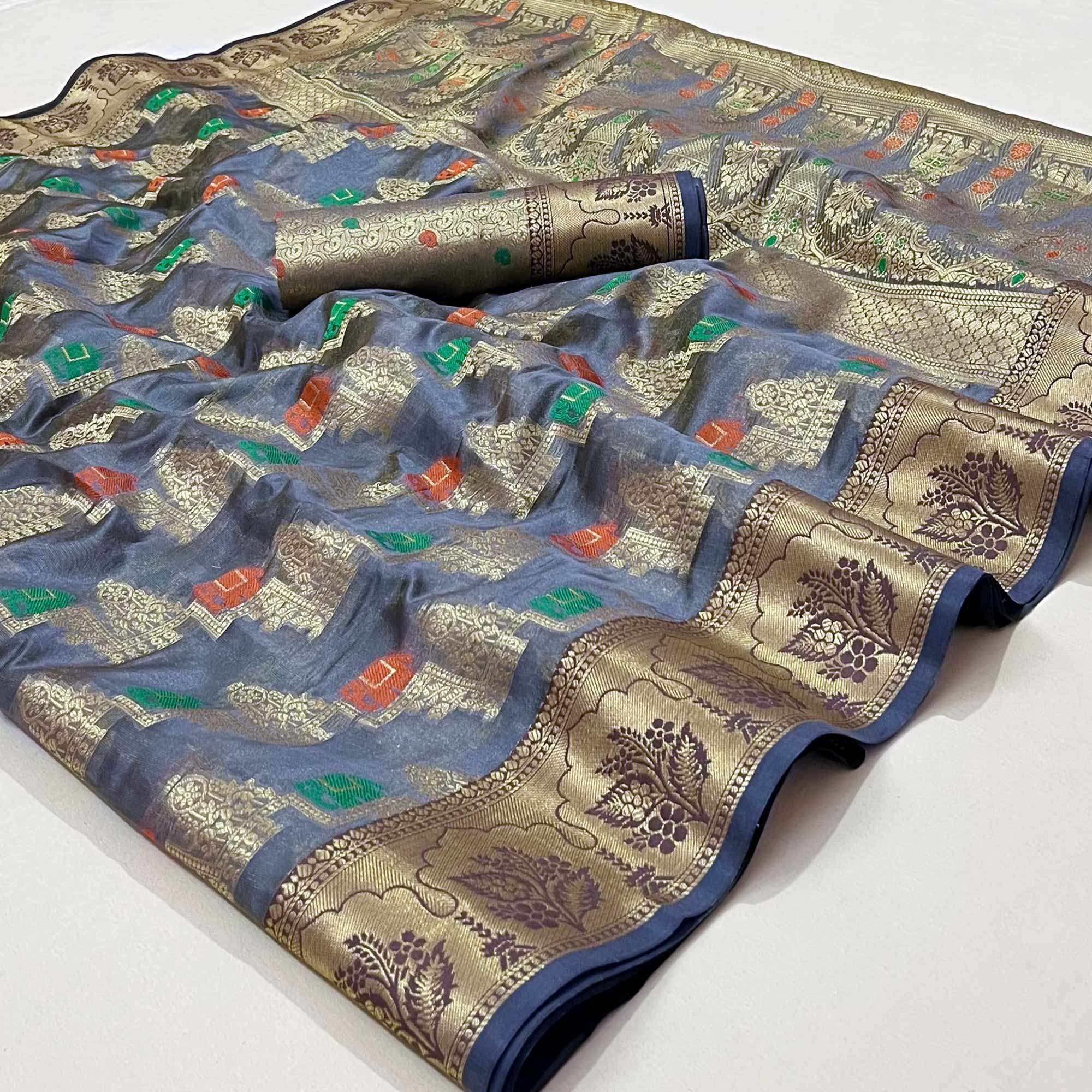 Peachmode Grey Woven Organza Saree – Women's