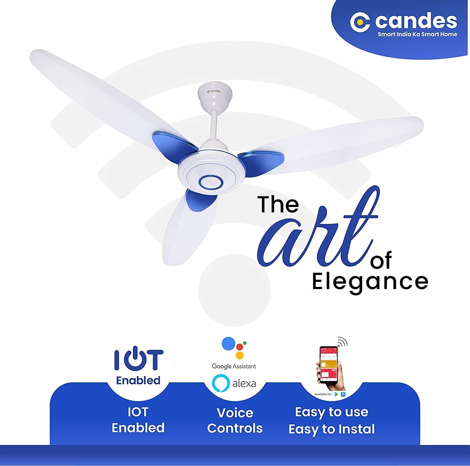 Candes IOT Florence 1200mm/48Inch High Speed Decorative 5 Star Rated Ceiling Fan 405 RPM With 2 Yrs Warranty (Smart IOT With Remote) (White Blue) - view 3