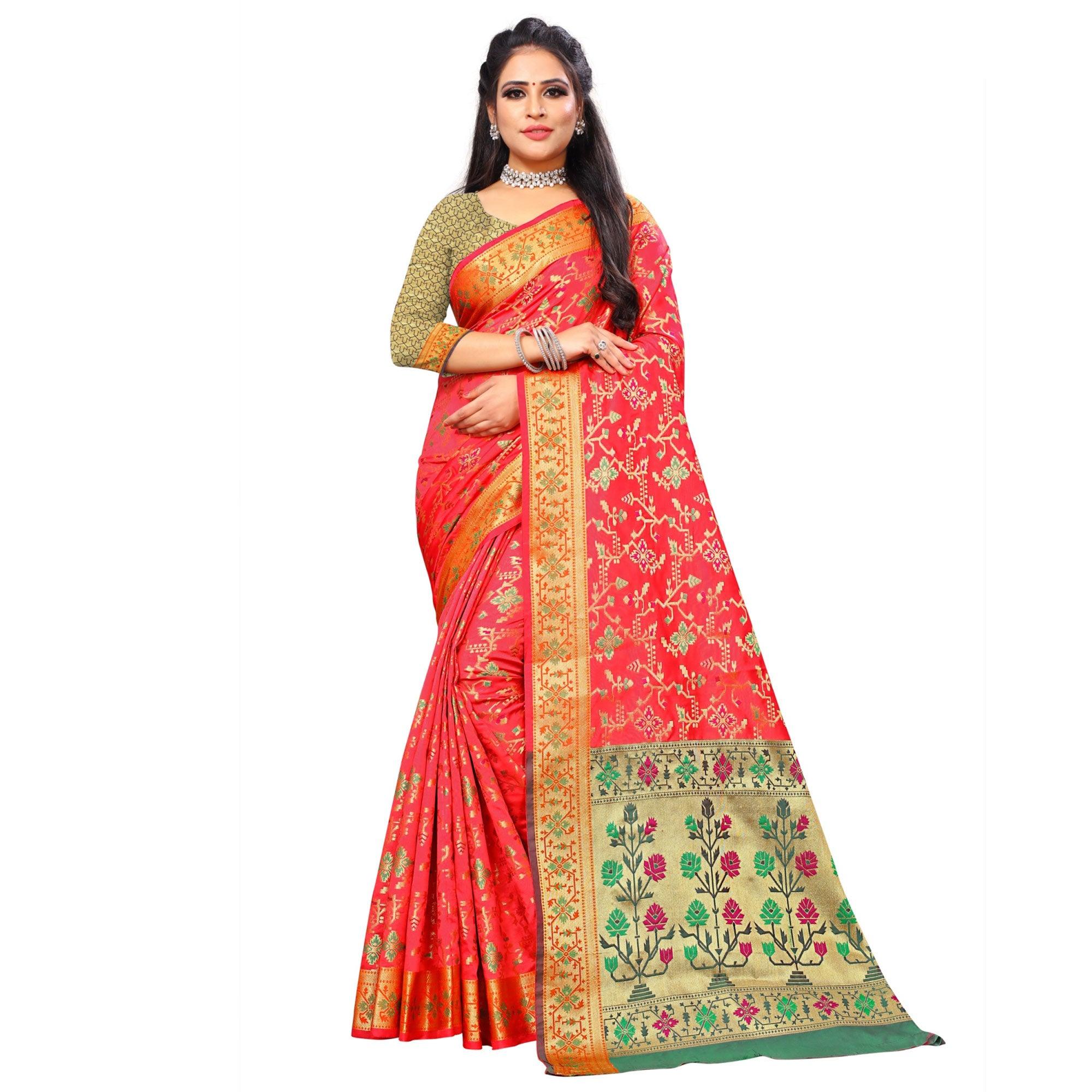 Peachmode Delightful Pink Colored Festive Wear Woven Silk Saree
