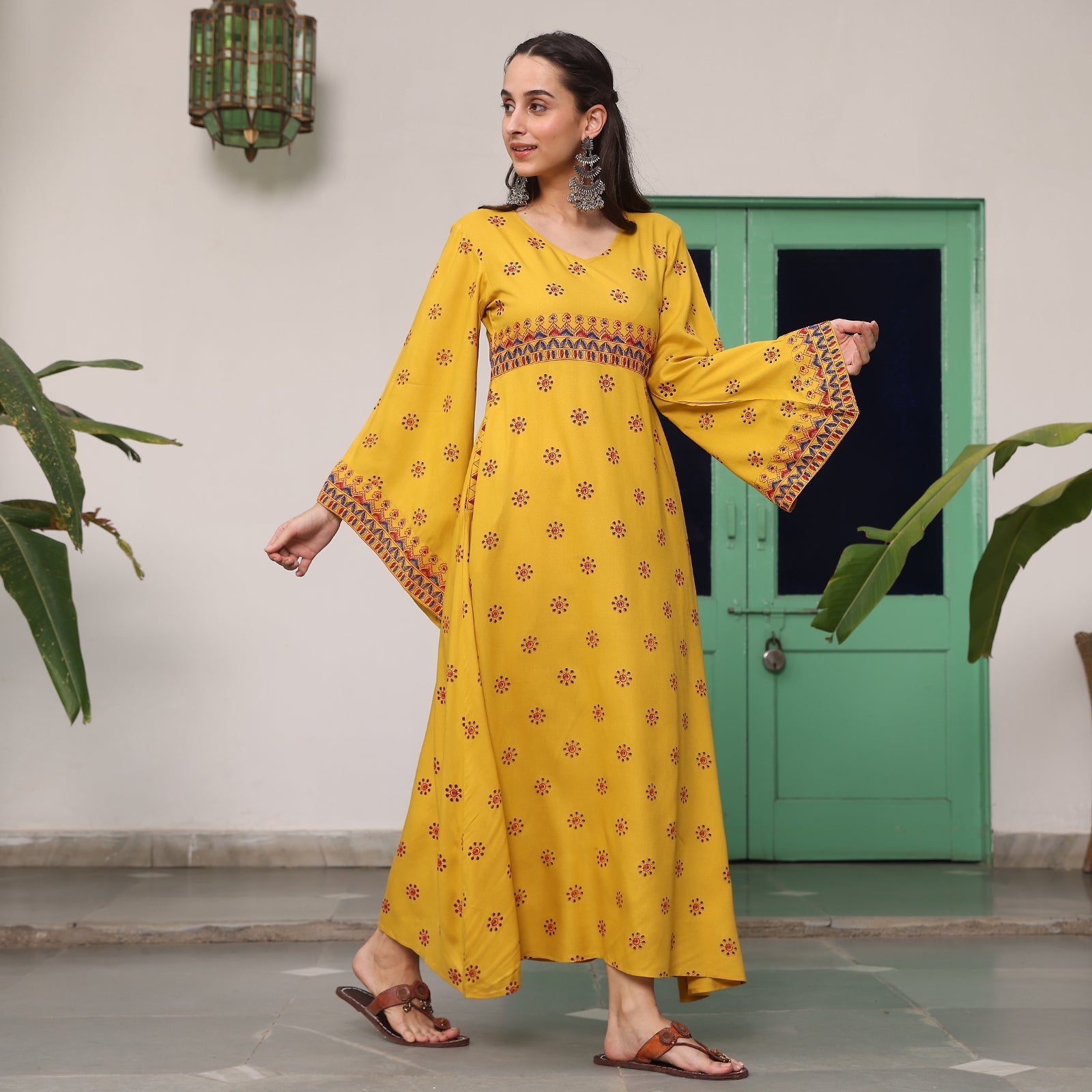 BlackTree Yellow Maxi Dress with Flared Sleeves - view 6