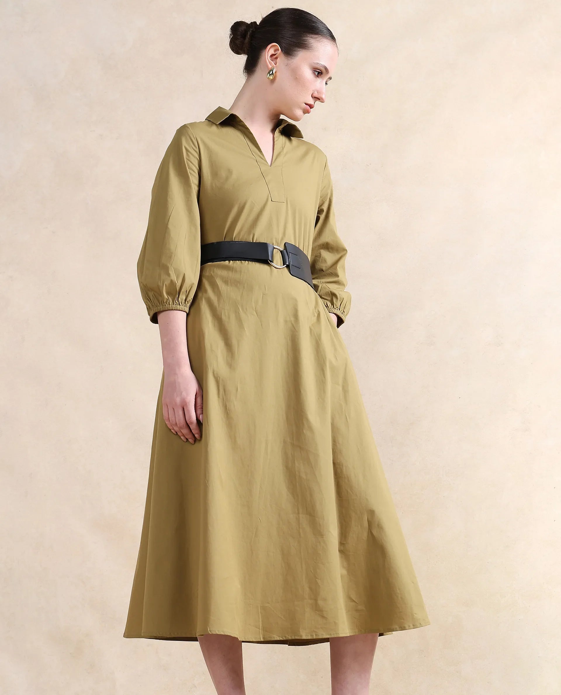 Rareism Women Desal Olive Cotton Blend Fabric Bishop Sleeve Collared Neck Flared Fit Midi Plain Dress - view 2
