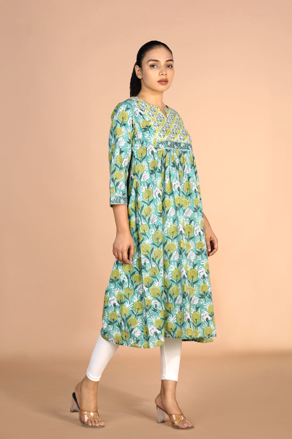 Kalanjali Ethnics Floral Aqua blue Sanganeri handblock printed cotton Kurti - view 2