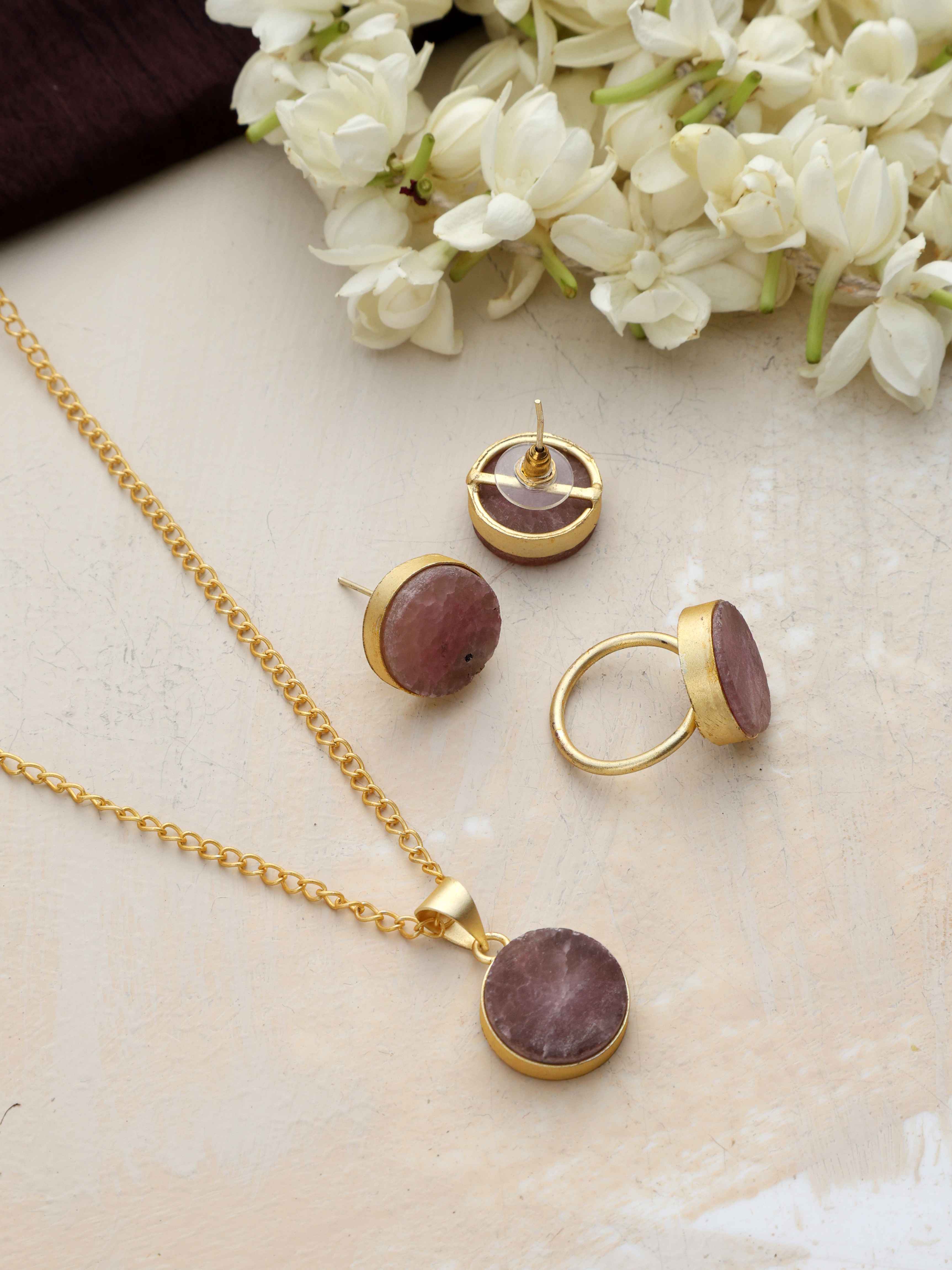 trueBrowns Gold Tone Pink Stone Pendant Set - view 5