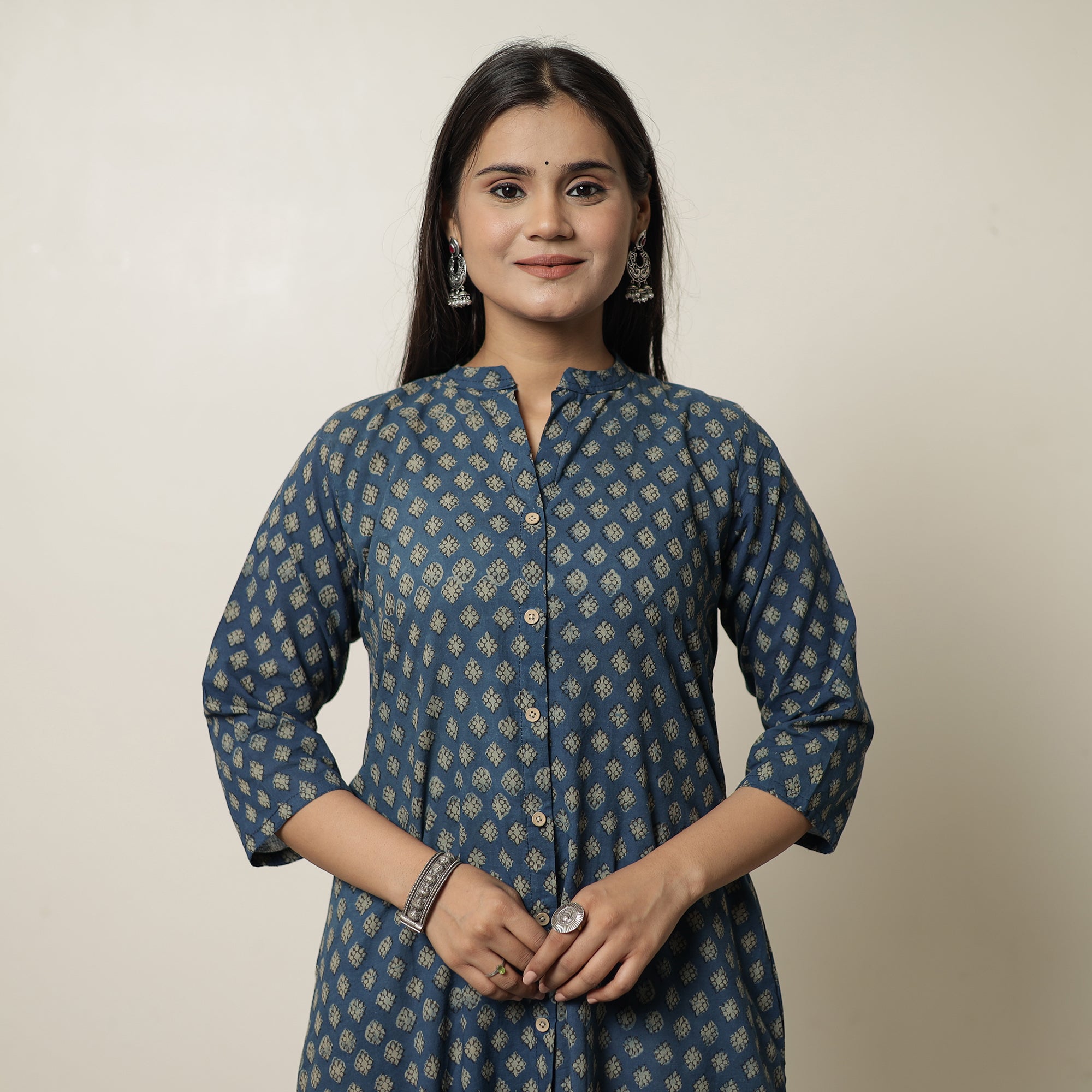 ITOKRI CASUALS Blue - Akola Hand Block Printed Cotton Long A-Line Kurta 18